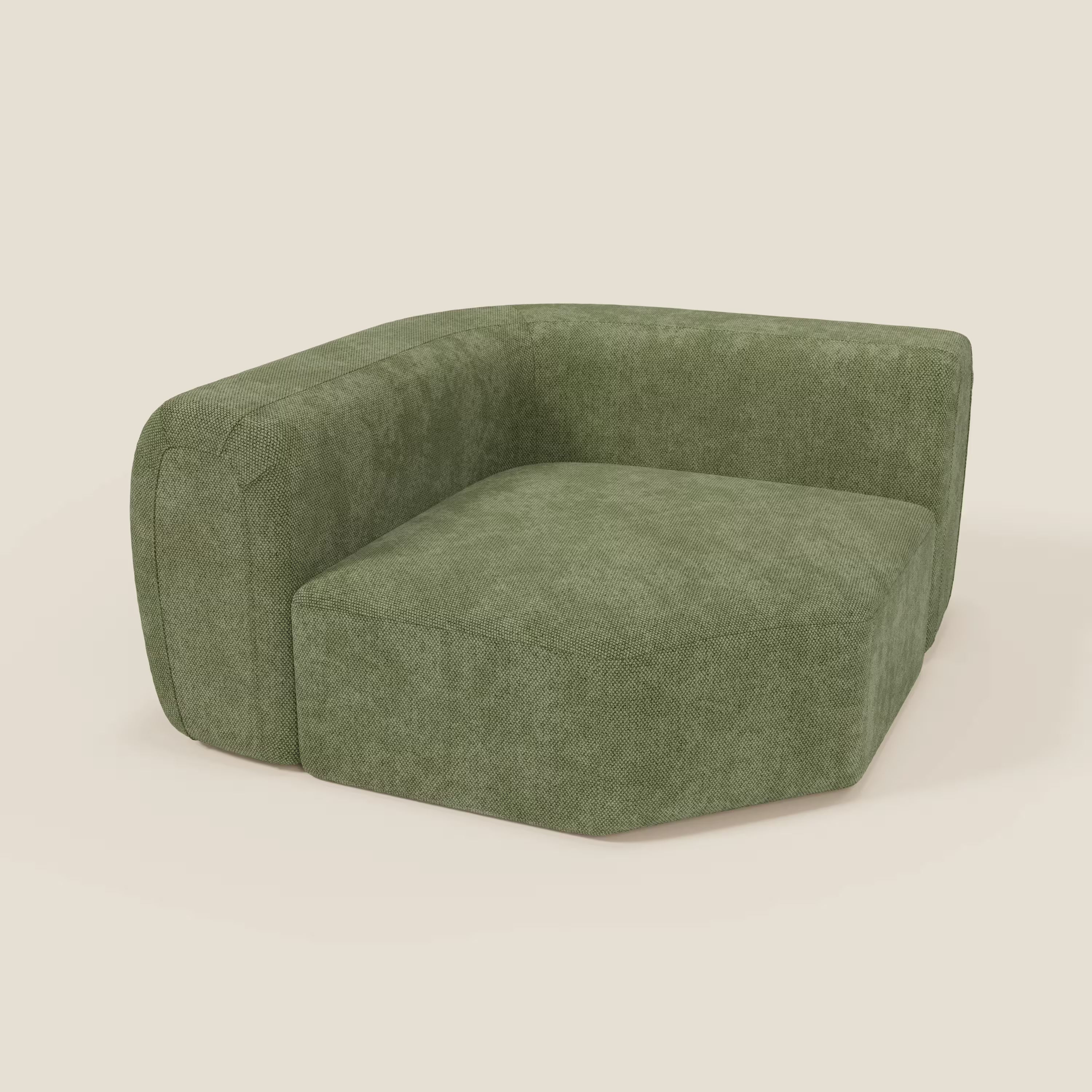 BonBon Modulo angolare - Divano componibile GF edition verde muschio di Divani.Store è una poltrona angolare moderna e di basso profilo, di colore verde, con un'imbottitura in peluche, una seduta ampia, un cuscino spesso e uno schienale arrotondato.