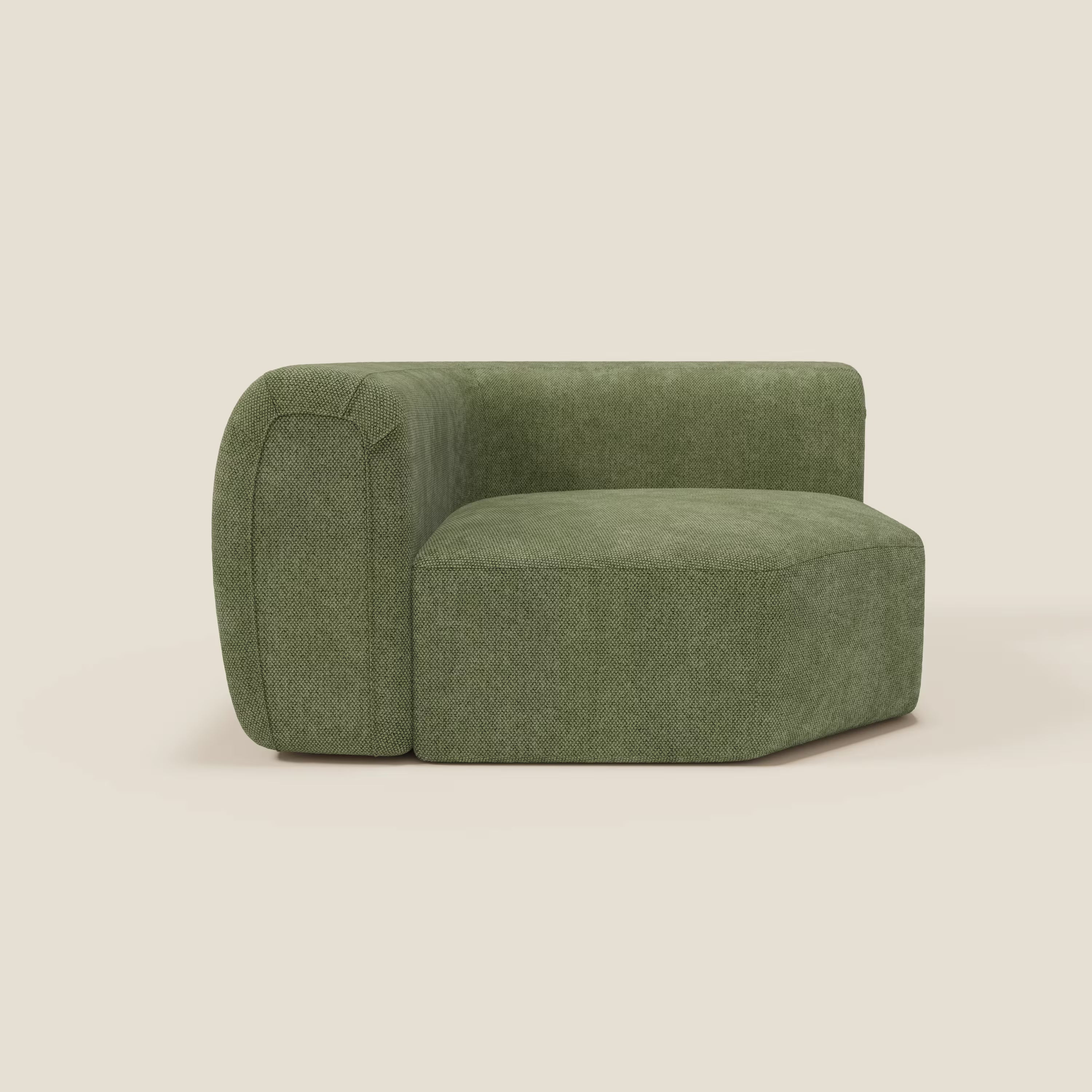Il BonBon Modulo angolare - Divano componibile GF edition verde muschio di Divani.Store è una moderna seduta modulare con braccio sinistro di colore verde con tessuto testurizzato, bordi arrotondati, schienale basso e design minimalista senza gambe a vista.