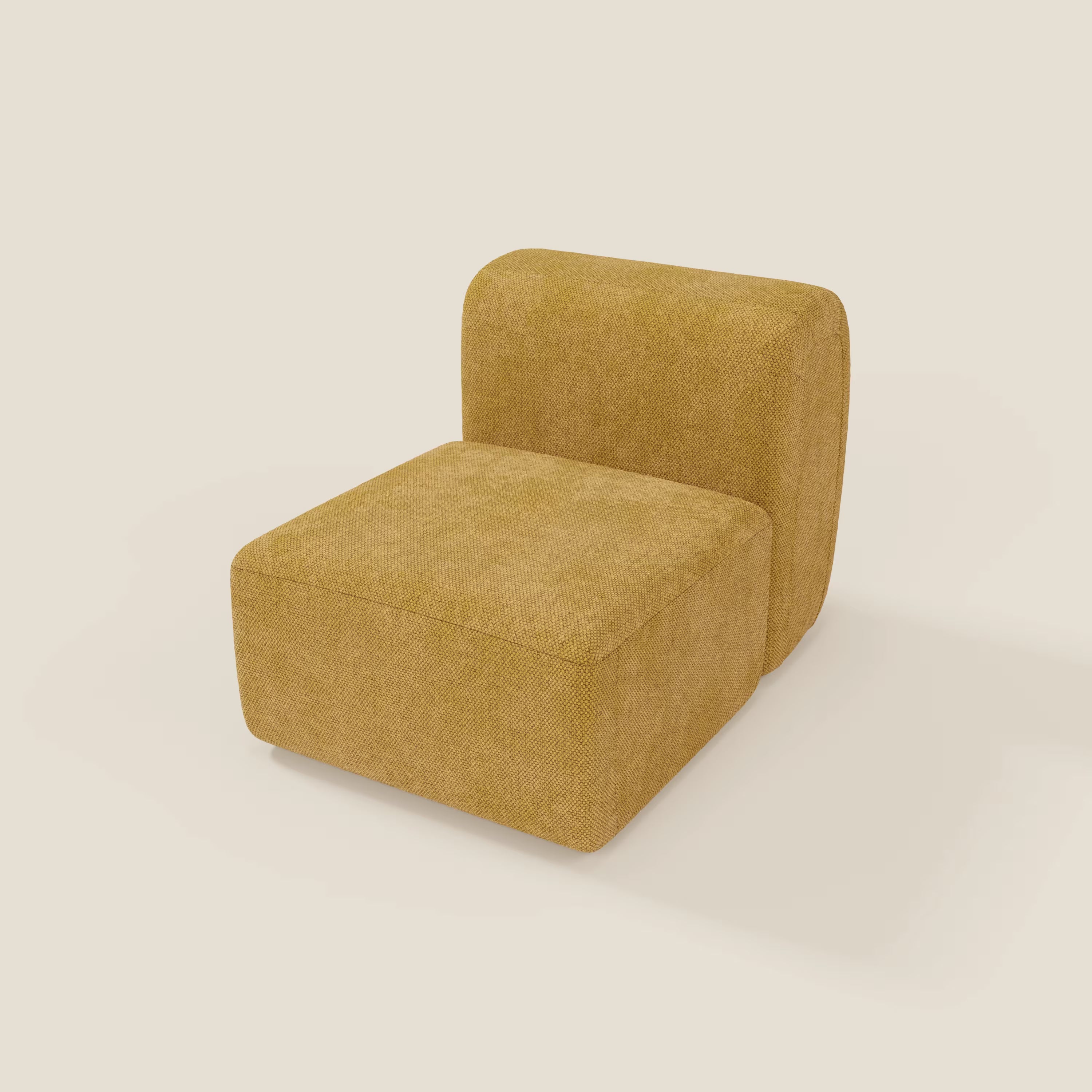 BonBon modulo centrale 70 cm - Grande Fratello edition giallo di Divani.Store è una sedia moderna senza braccioli dal design squadrato e minimalista, rivestita in tessuto giallo testurizzato, con seduta spessa e schienale basso e largo.