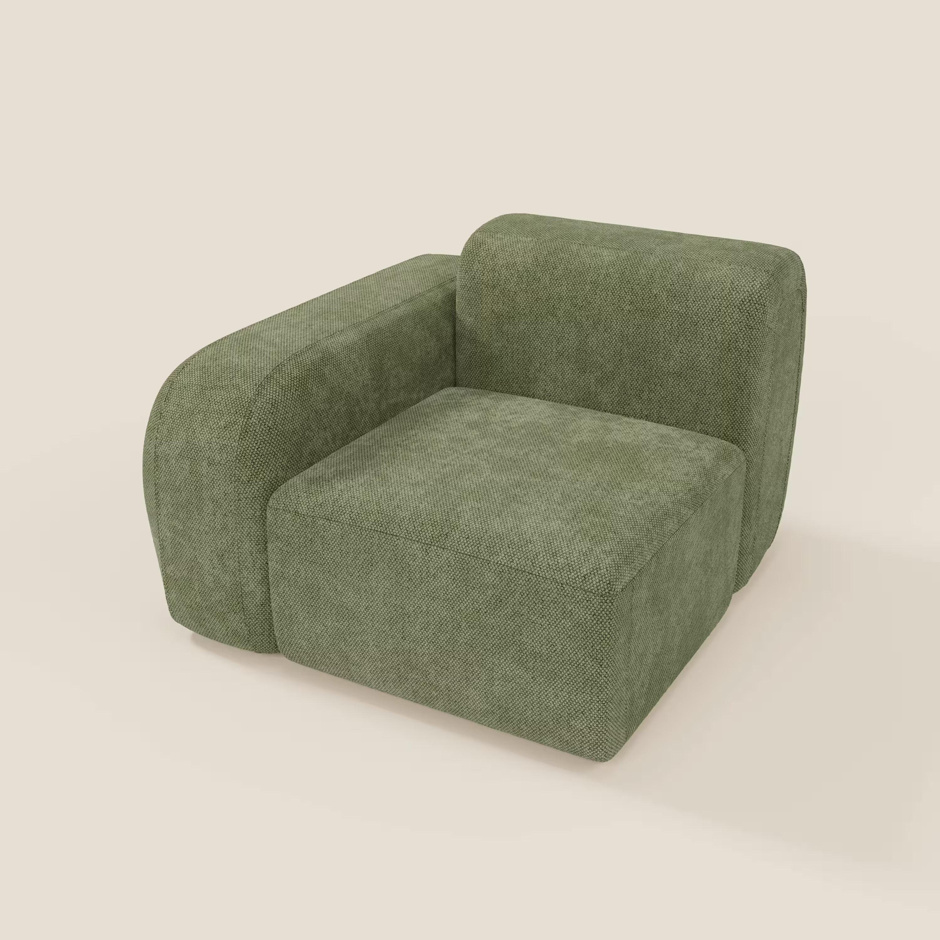 BonBon modulo terminale 105 cm sinistro o destro - Grande Fratello edition verde muschio di Divani.Store è una poltrona moderna e minimalista di colore verde, con cuscini spessi, bracciolo destro e tessuto morbido su sfondo beige chiaro.