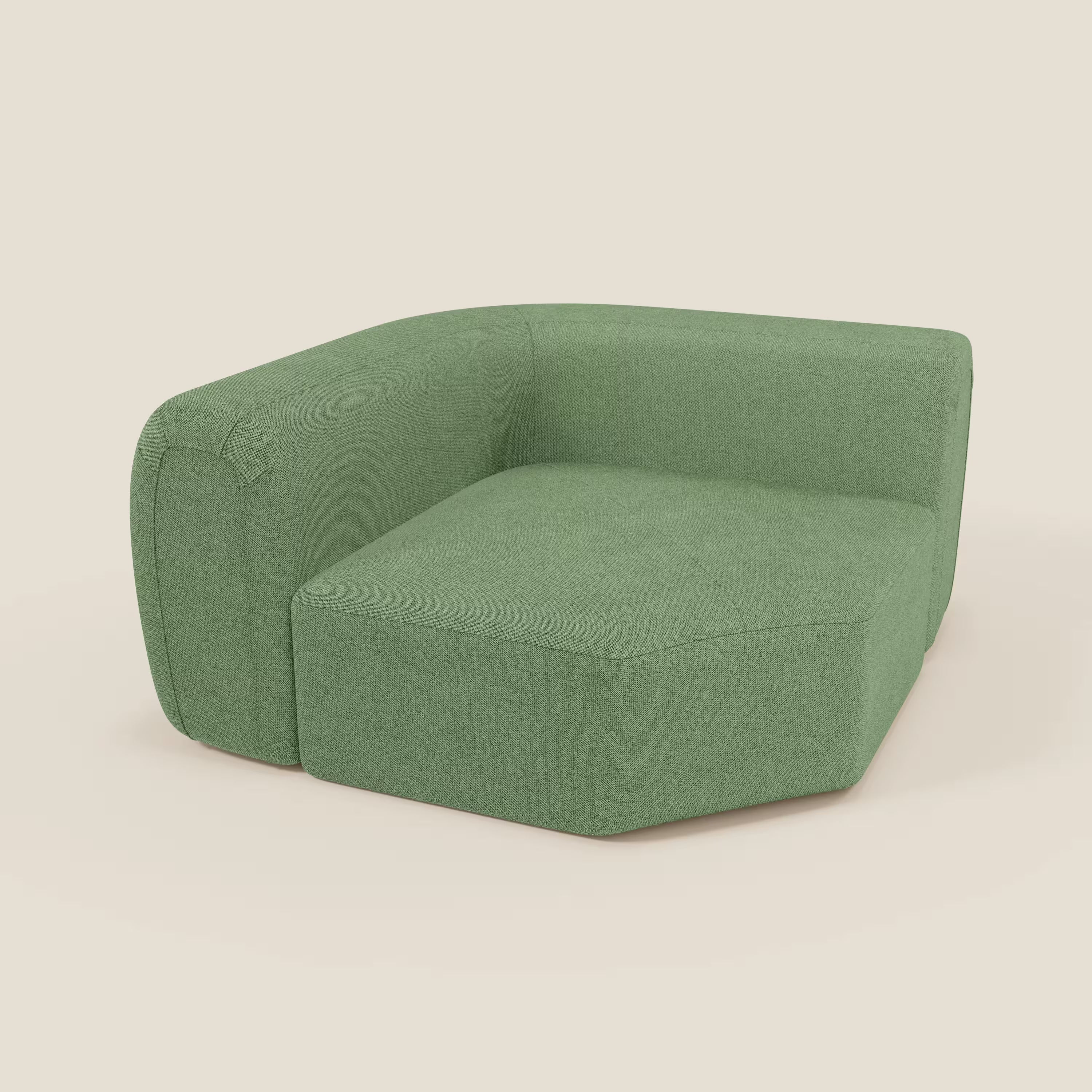 Bonbon Modulo angolare di Divani.Store è una sedia a L moderna e senza braccioli in tessuto T23 menta smacchiabile, dalle linee pulite e dal profilo basso, su uno sfondo semplice color crema chiaro.