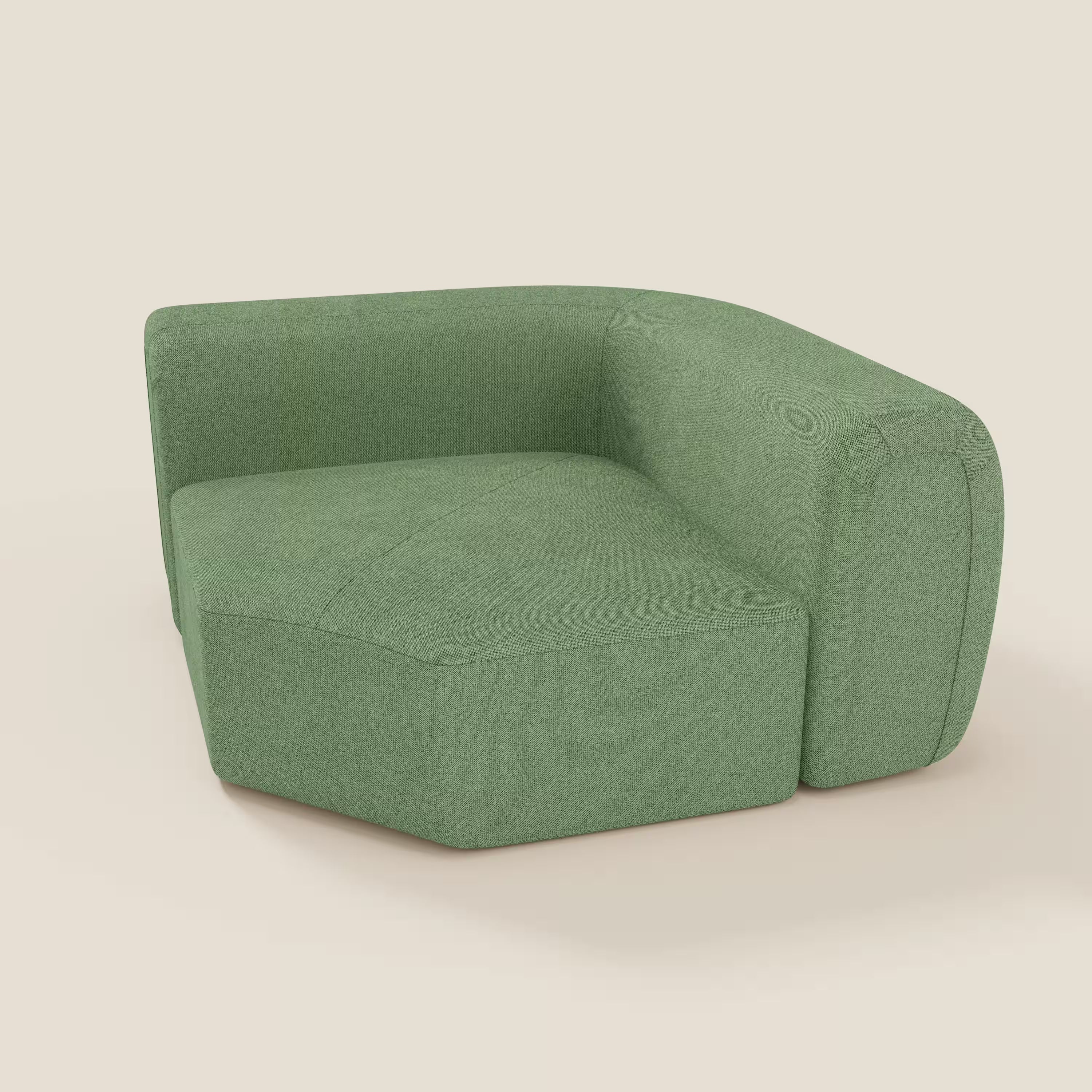Bonbon modulo angolare di Divani.Store è una sedia moderna senza braccioli in tessuto antimacchia T23 menta, caratterizzata da un'imbottitura soffice, linee geometriche e schienale basso, su uno sfondo bianco sporco dal design minimalista.