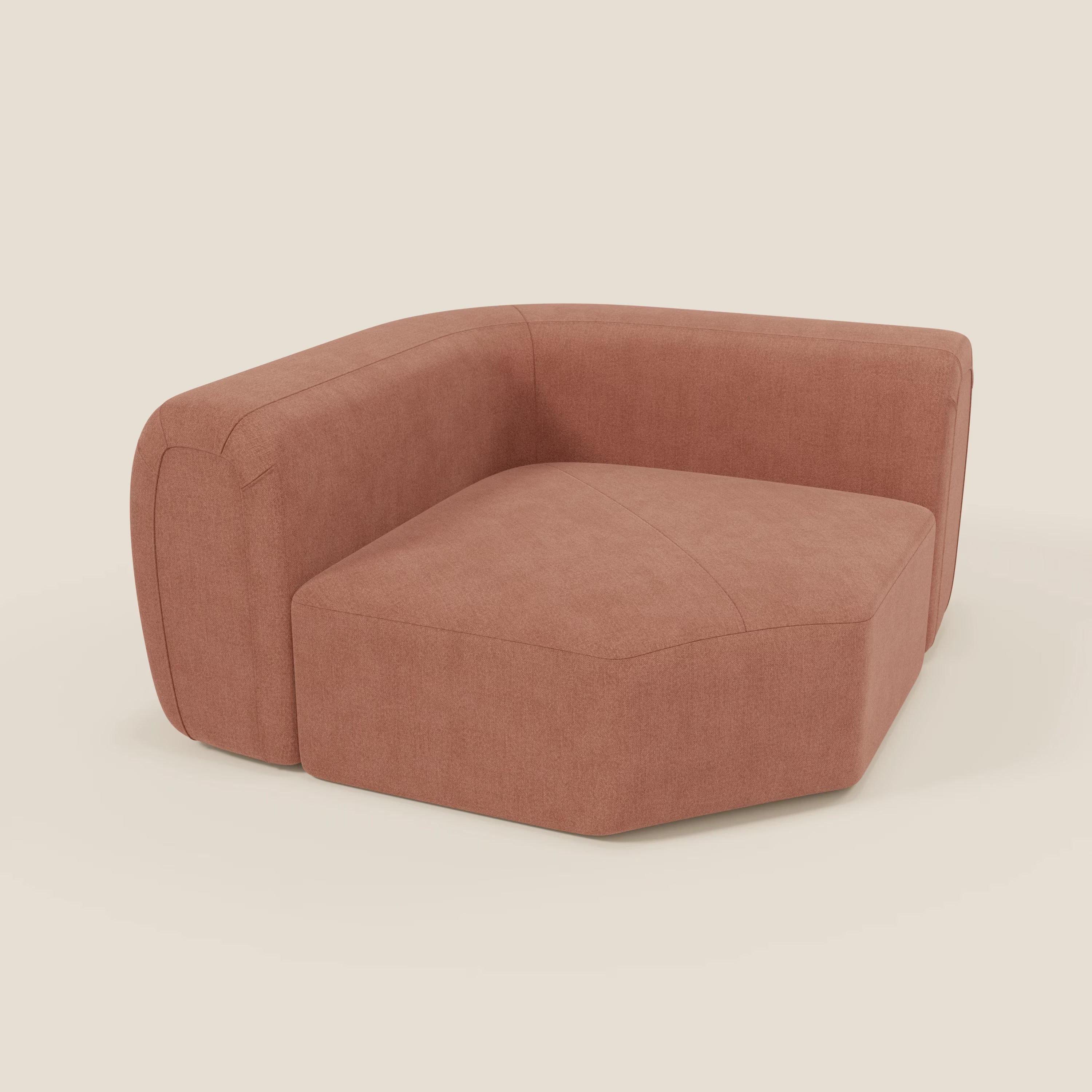 Bonbon Modulo angolare di Divani.Store è una moderna poltrona angolare senza braccioli in tessuto T23 pesca smacchiabile. Il suo profilo basso e largo e i suoi bordi arrotondati si adattano perfettamente come modulo angolare per il vostro divano ad angolo su uno sfondo crema chiaro.