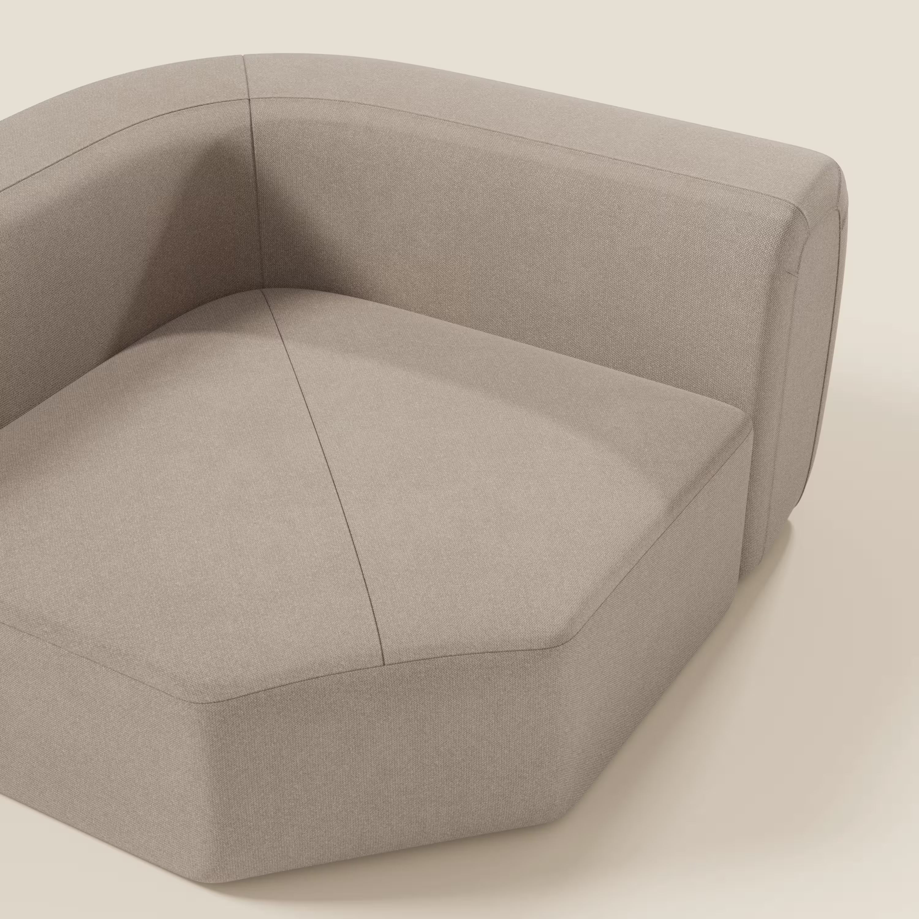 Bonbon Modulo angolare di Divani.Store è un divano moderno e modulare in tessuto tortora T23, facile da pulire, caratterizzato da linee pulite, forme geometriche e sottili cuciture dei cuscini per un look minimalista e contemporaneo.