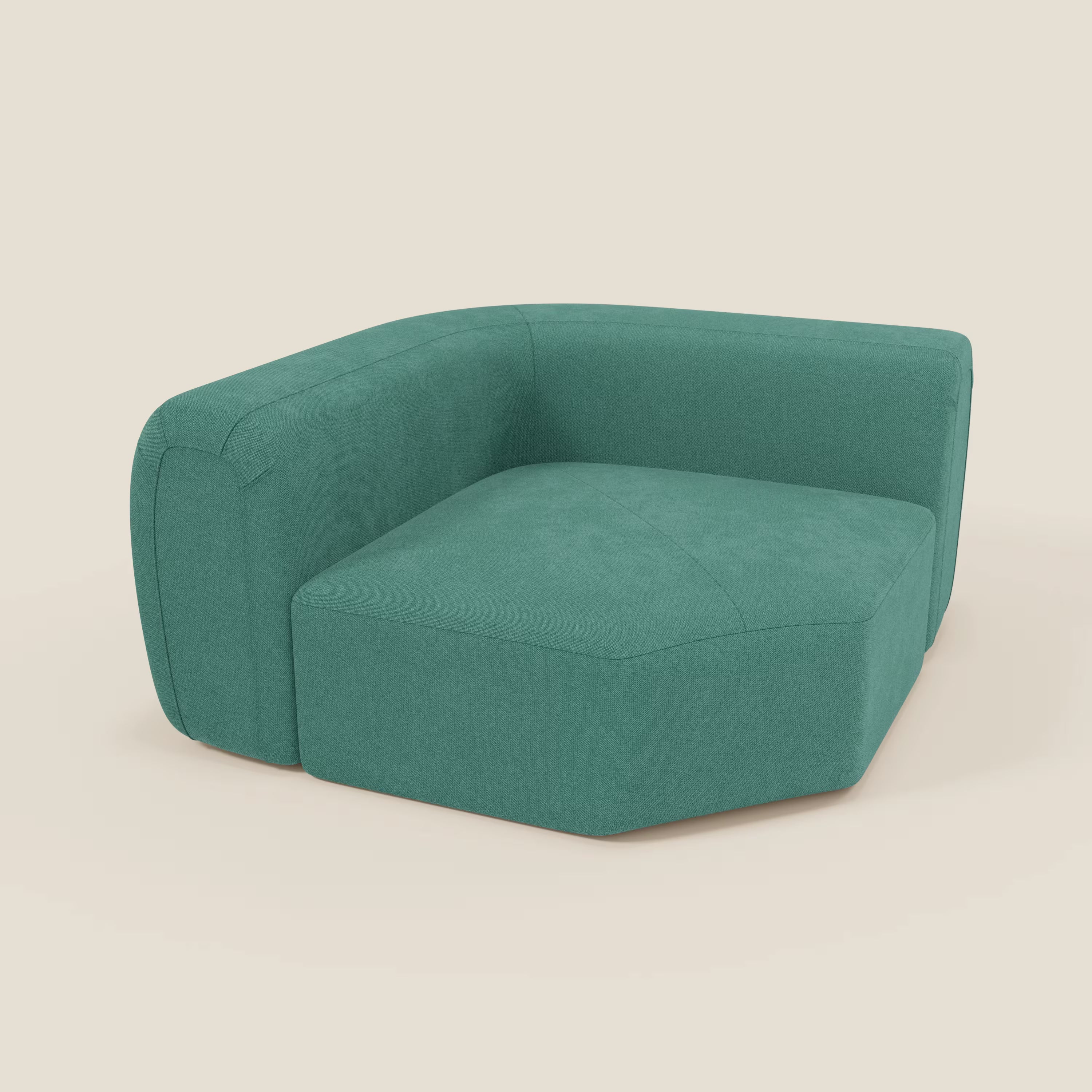 Bonbon Modulo angolare di Divani.Store è un moderno divano angolare imbottito in T23 verde acqua, antimacchia, con seduta bassa e ampia e braccioli e schienale spessi e arrotondati, dal design pulito e minimalista senza gambe a vista.