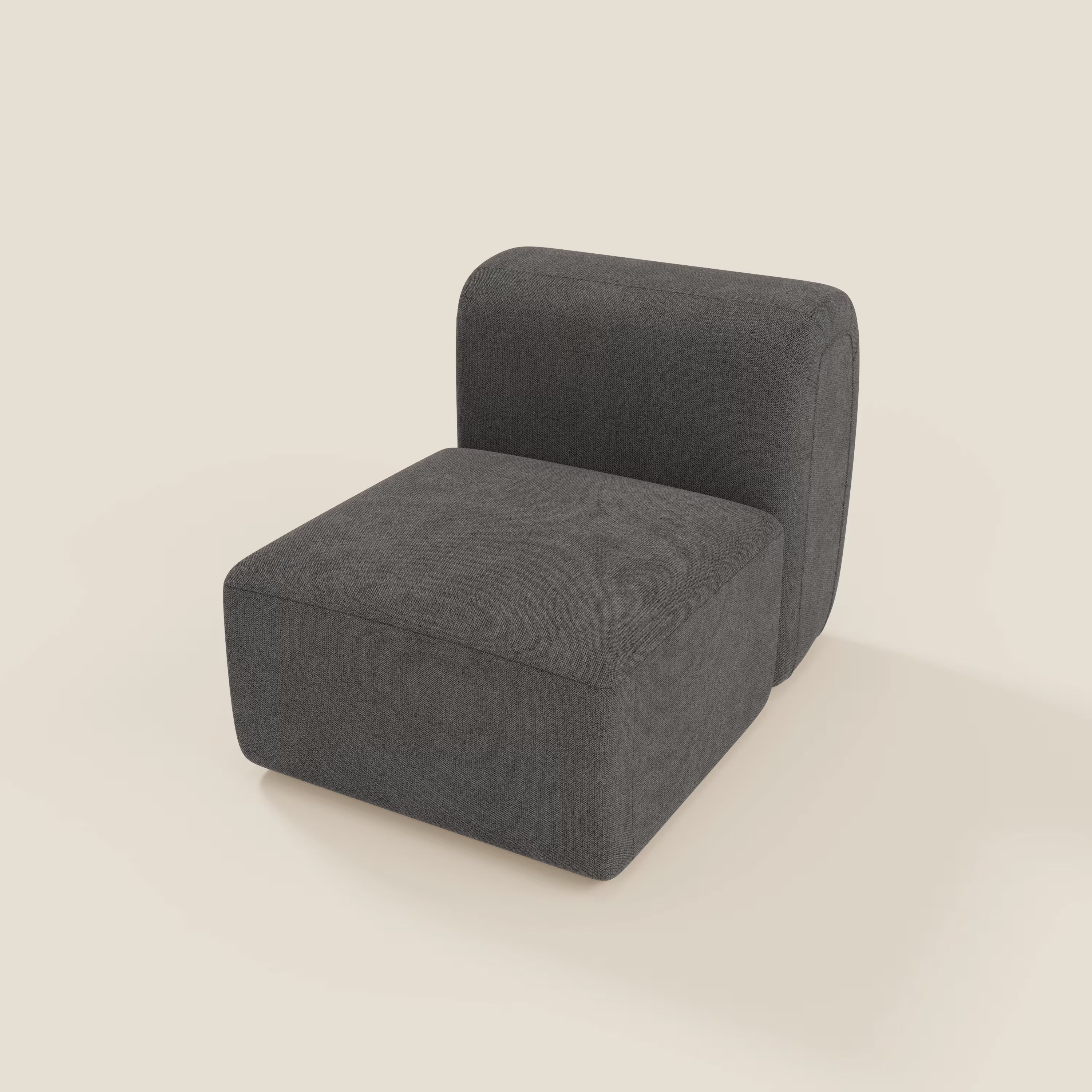 BonBon modulo centrale 70 cm di Divani.Store è una poltrona lounge senza braccioli in tessuto antracite T23 antimacchia, con seduta spessa e schienale dolcemente curvato, dal design elegante e minimalista su sfondo bianco sporco.