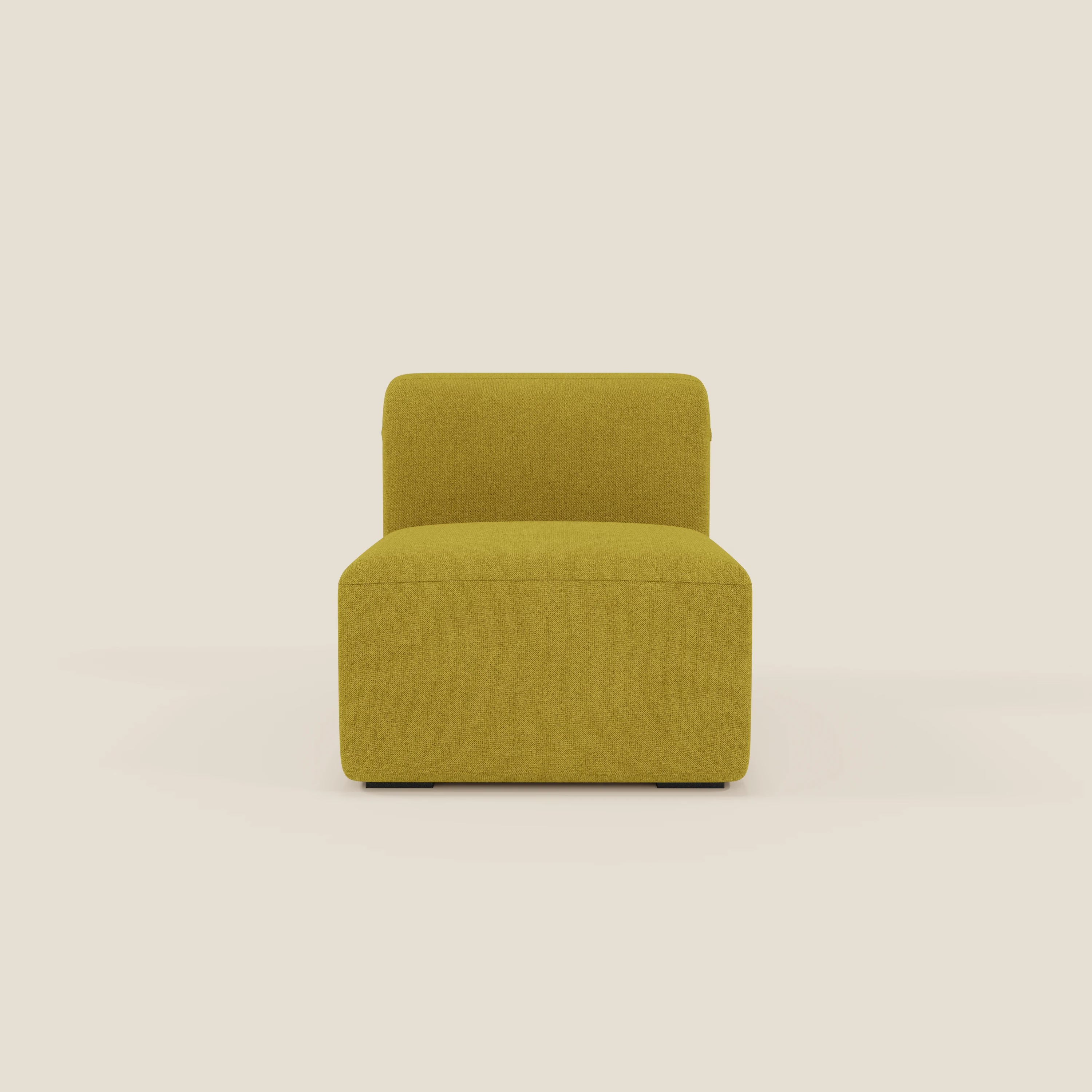BonBon modulo centrale 70 cm di Divani.Store è una moderna poltrona senza braccioli rivestita in tessuto antimacchia T23 giallo sole, dal design squadrato e minimalista con schienale basso e spesso cuscino di seduta rettangolare.