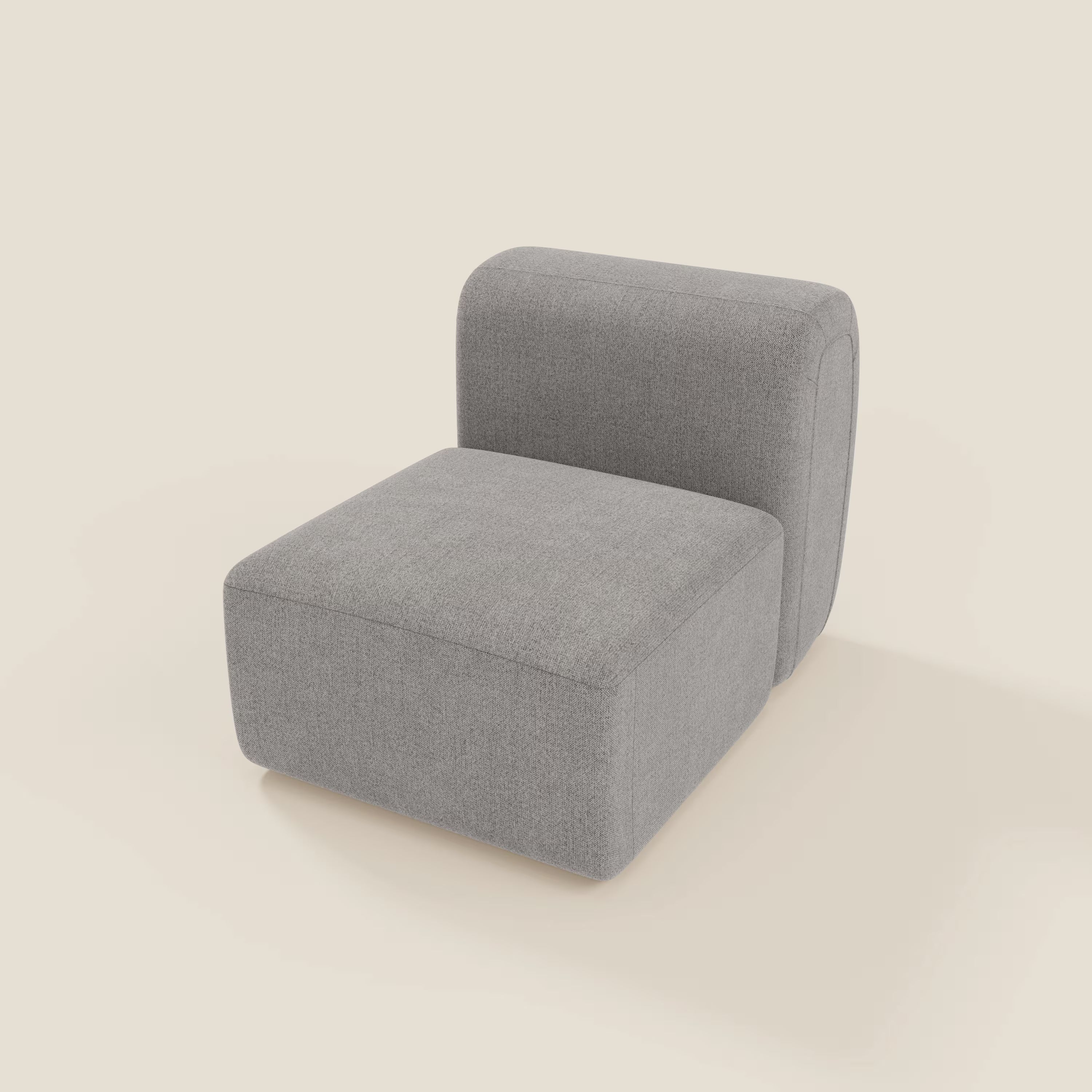 BonBon modulo centrale 70 cm di Divani.Store è una moderna sedia senza braccioli o elemento modulare, caratterizzata da una spessa seduta rettangolare e da uno schienale arrotondato in tessuto T23 grigio smacchiabile, su un fondo tinta unita color crema.