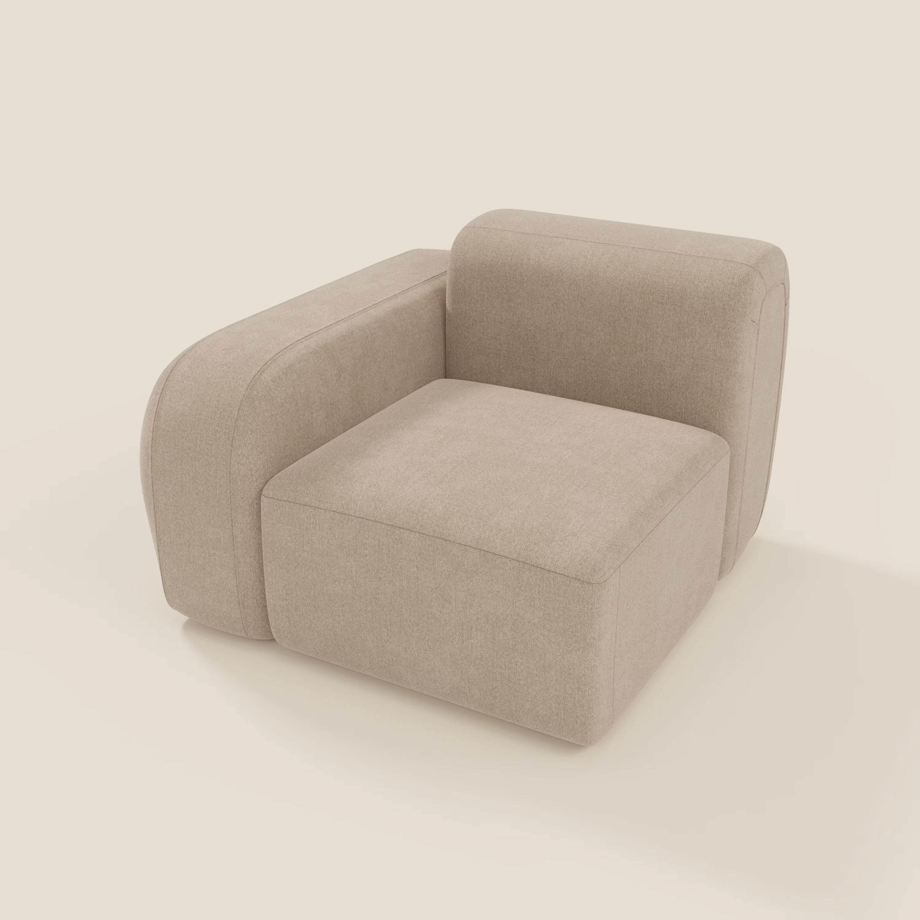 BonBon modulo terminale 105 cm sinistro di Divani.Store è una moderna poltrona beige in tessuto antimacchia T23, con seduta quadrata, schienale basso e ampio bracciolo sinistro con cuscini morbidi e bordi arrotondati.