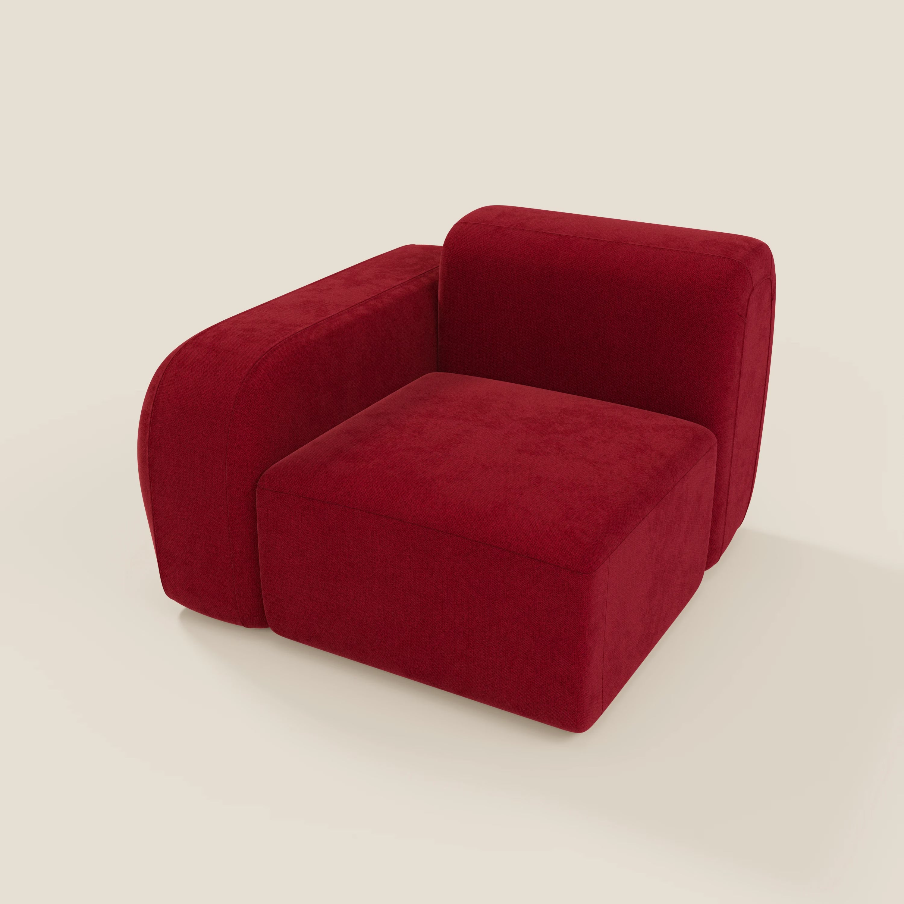 Il modulo terminale BonBon 105 cm di Divani.Store è caratterizzato da un tessuto smacchiabile T23 bordeaux, con seduta bassa e squadrata, schienale spesso e quadrato e bracciolo largo a sinistra, su sfondo beige chiaro.