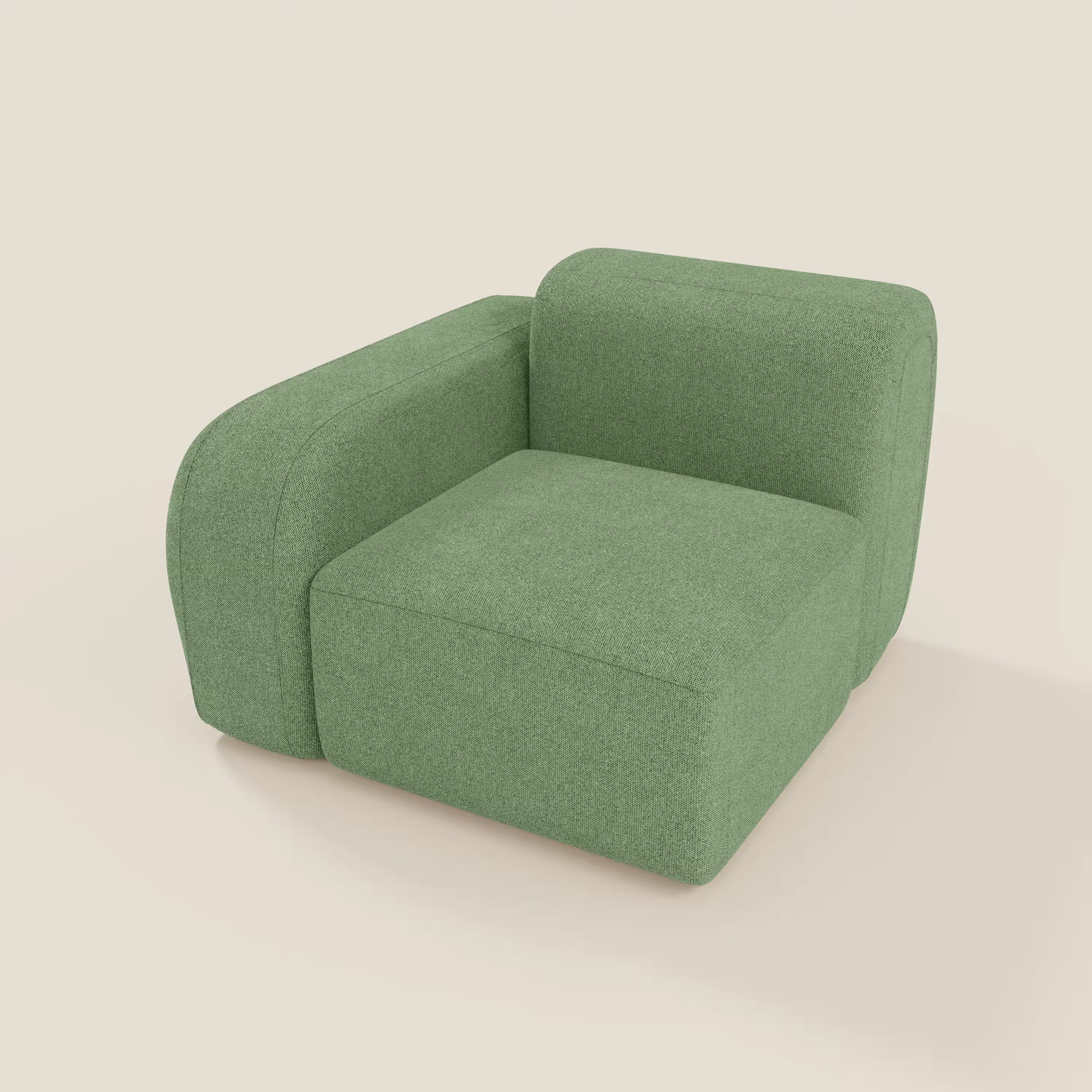 BonBon modulo terminale 105 cm sinistro di Divani.Store è una poltrona moderna e minimalista in tessuto antimacchia T23 menta, caratterizzata da spessi cuscini arrotondati, bracciolo sinistro, ampia seduta e schienale curvo su sfondo beige.