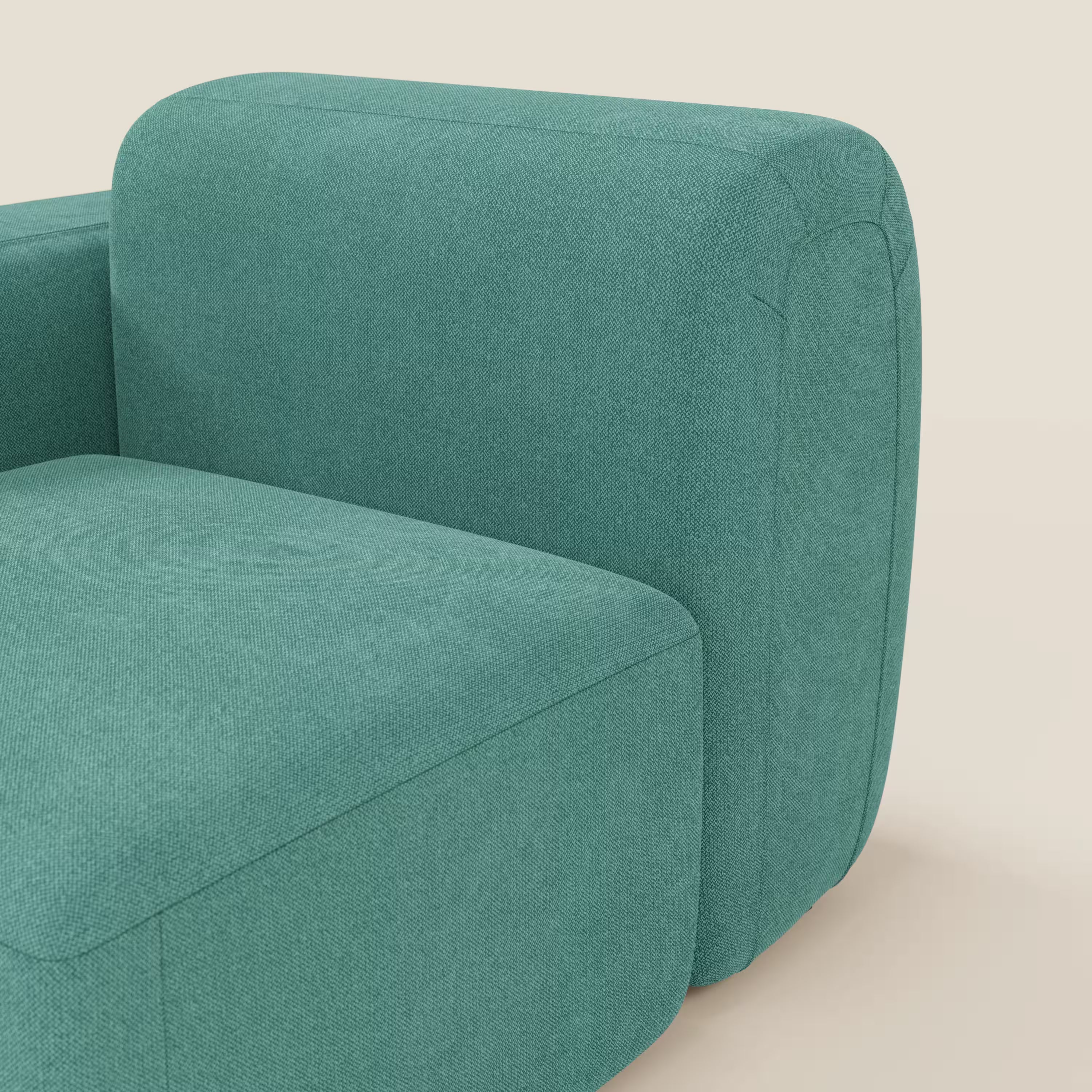 Primo piano del modulo terminale Divani.Store BonBon da 105 cm (sinistro o destro) in smacchiabile T23 verde acqua, caratterizzato da un moderno design curvilineo, linee pulite e tessuto antimacchia su sfondo beige chiaro.