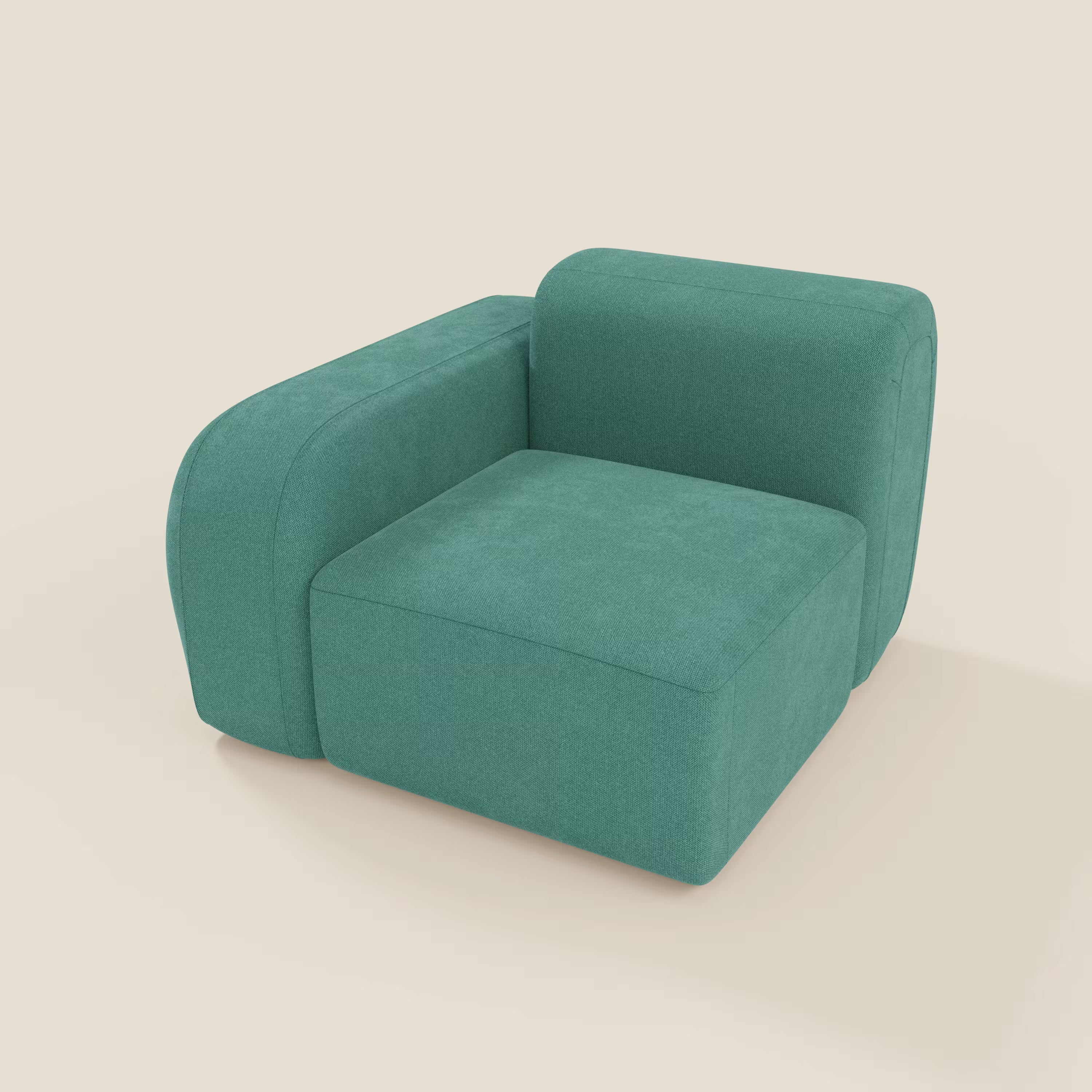 BonBon modulo terminale 105 cm di Divani.Store è una poltrona moderna e squadrata in tessuto smacchiabile T23 verde acqua con bracciolo destro o sinistro, dal design minimalista e senza gambe a vista.
