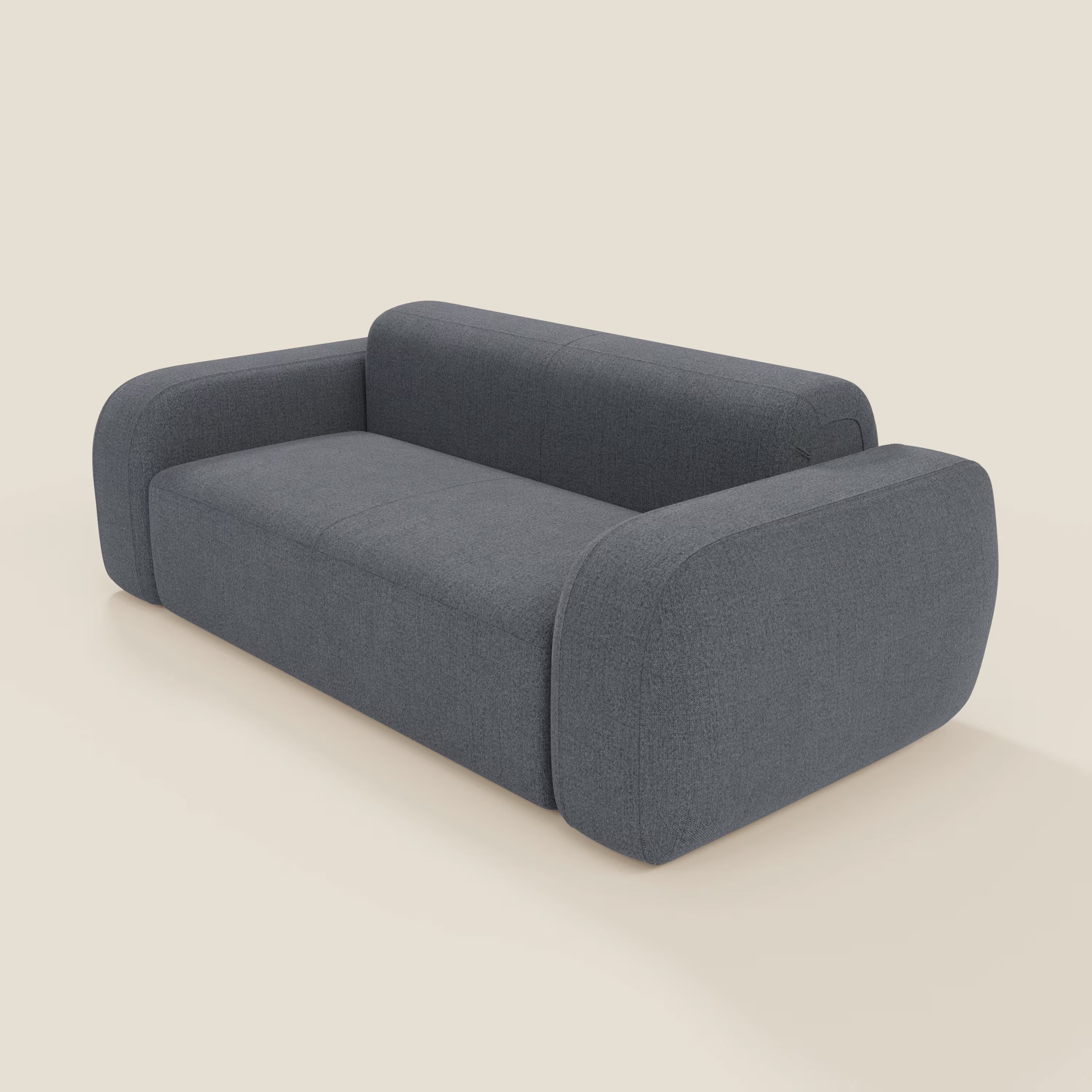 Il BonBon Divano modulare Lineare 220 di Divani.Store è caratterizzato da un design moderno e minimalista con braccioli e schienale arrotondati, rivestiti in tessuto smacchiabile T23 blu grafite, che fonde il comfort della seduta con lo stile contemporaneo.