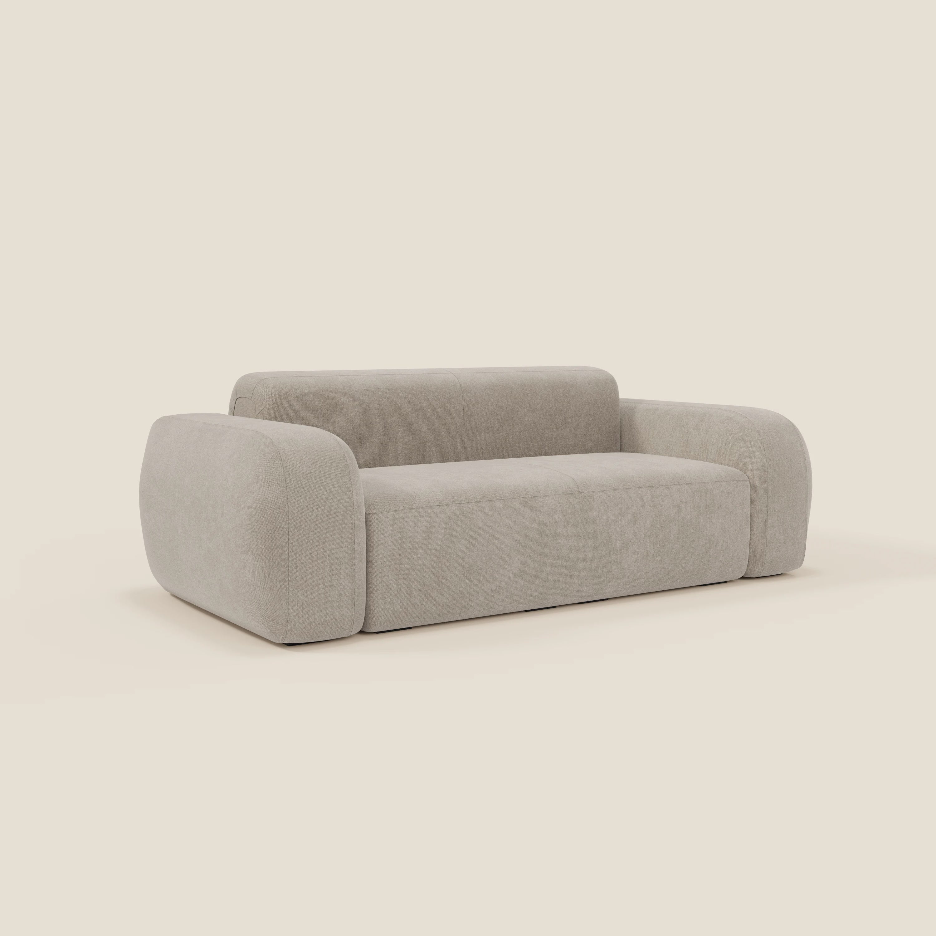 Il BonBon Divano modulare Lineare 220 di Divani.Store è un divano panna moderno e compatto con braccioli e schienale arrotondati e oversize in tessuto smacchiabile T23, caratterizzato da linee minimaliste e da un rivestimento morbido e antimacchia.