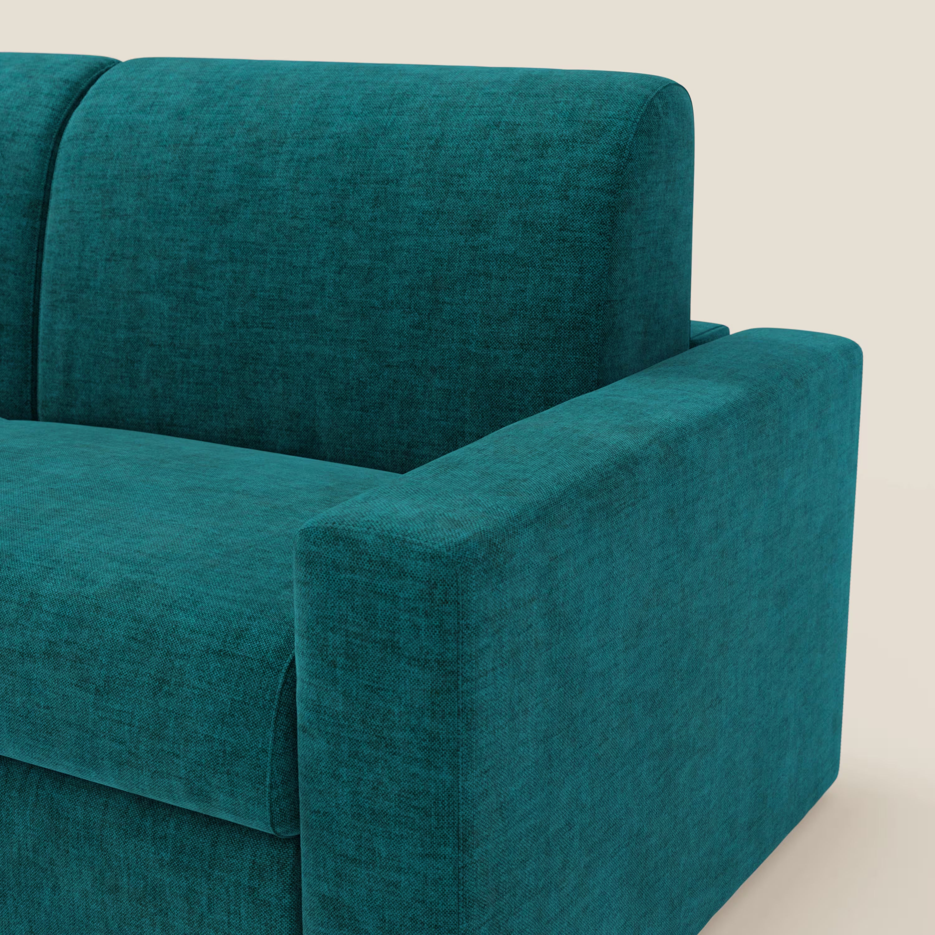 Primo piano del Diomede Divano letto matrimoniale in velluto easy clean sfoderabile T35 petrolio di Divani.Store, caratterizzato da ampi braccioli, linee pulite e tessuto morbido e strutturato per garantire stile e comfort su uno sfondo bianco sporco.