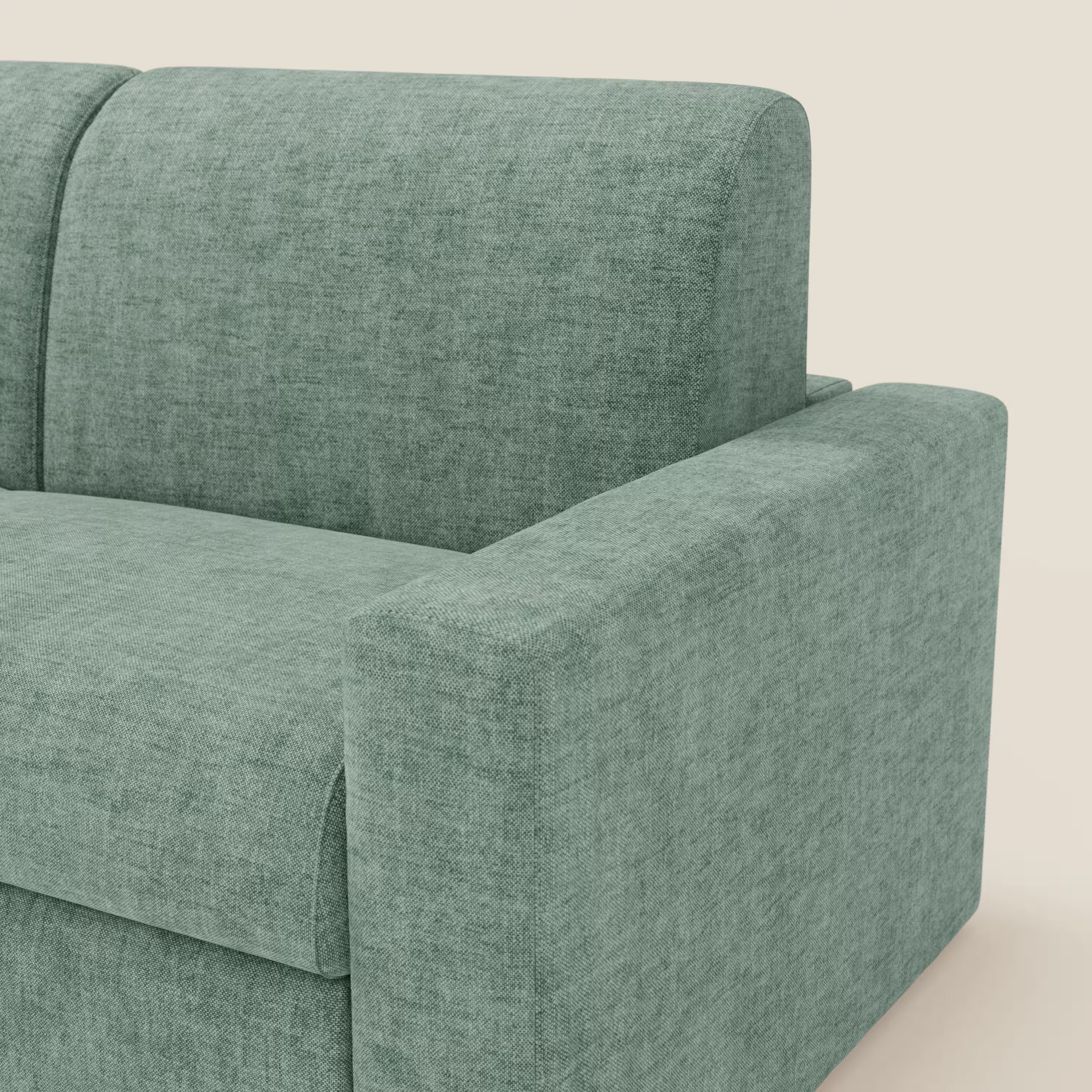 Primo piano del lato destro del Diomede Divano letto matrimoniale in velluto easy clean sfoderabile T35 verde acqua di Divani.Store, che evidenzia il design moderno, lo spesso bracciolo, la seduta imbottita e lo schienale su uno sfondo bianco sporco.