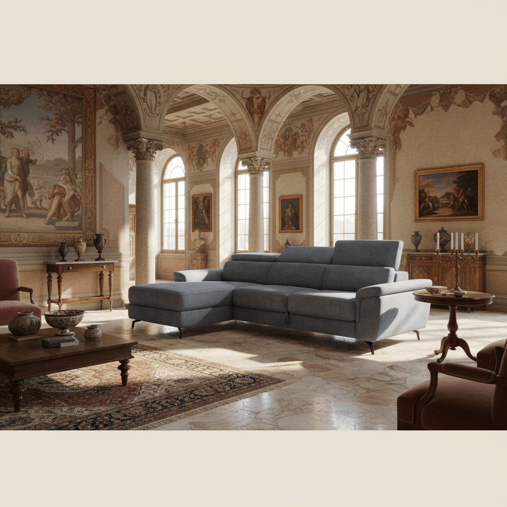 Estro Ausziehbares Sofa mit Chaiselongue und verstellbaren Kopfstützen 277 cm LINKS aus wasserfestem Stoff T14 baby blau