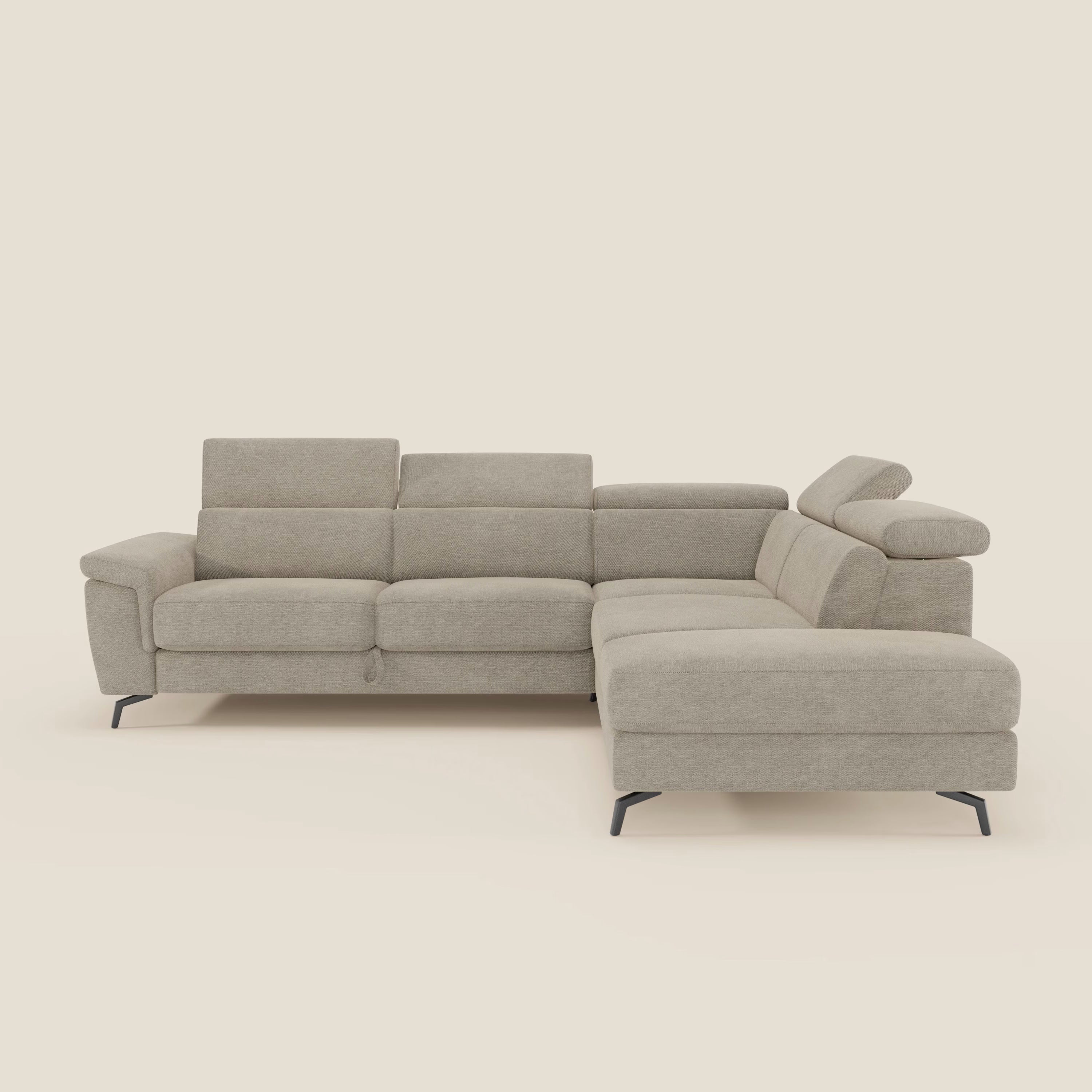 Estro Ecksofa mit Ausziehfunktion – verstellbare Kopfstützen aus wasserfestem Stoff T14 beige