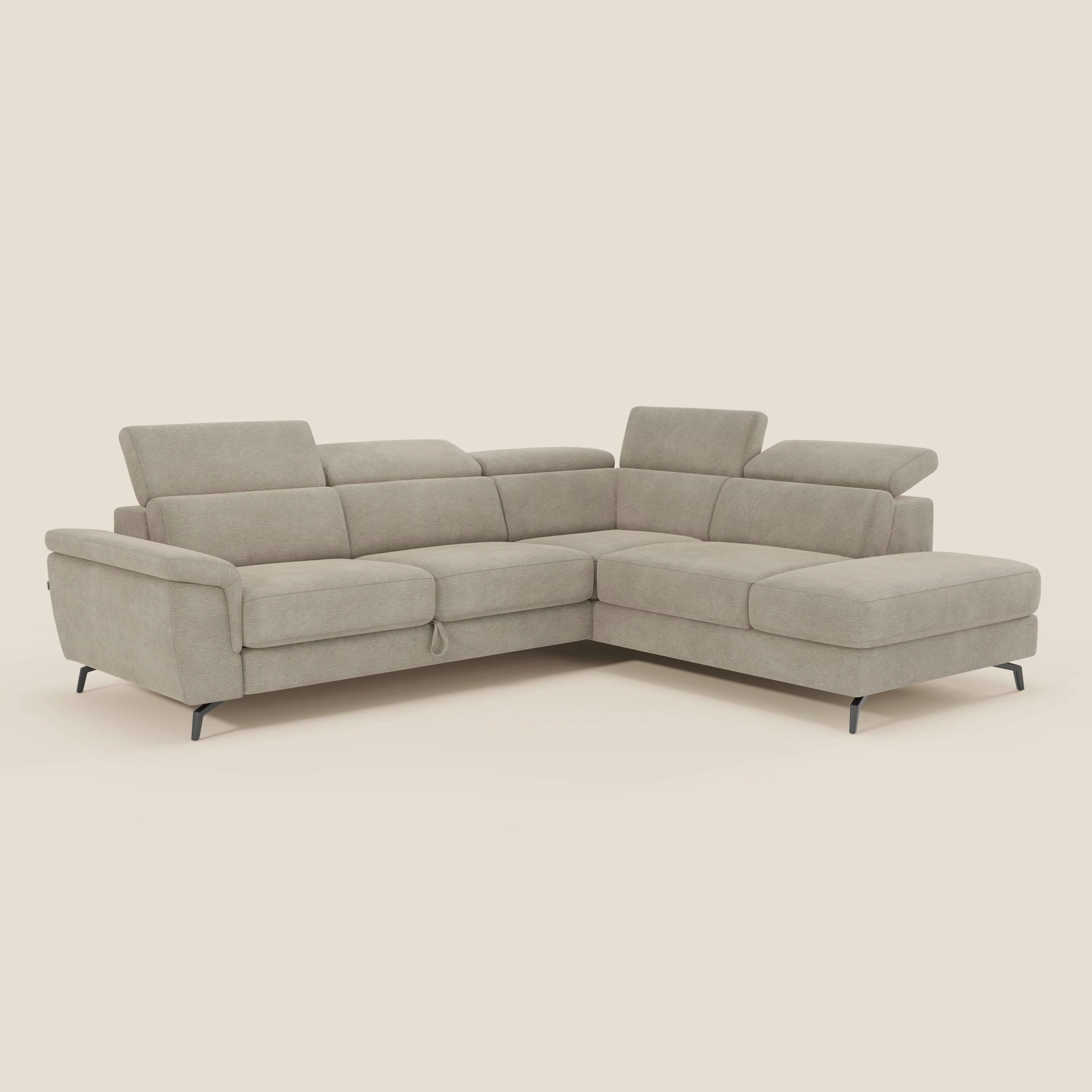 Estro Ecksofa mit Ausziehfunktion – verstellbare Kopfstützen aus wasserfestem Stoff T14 beige