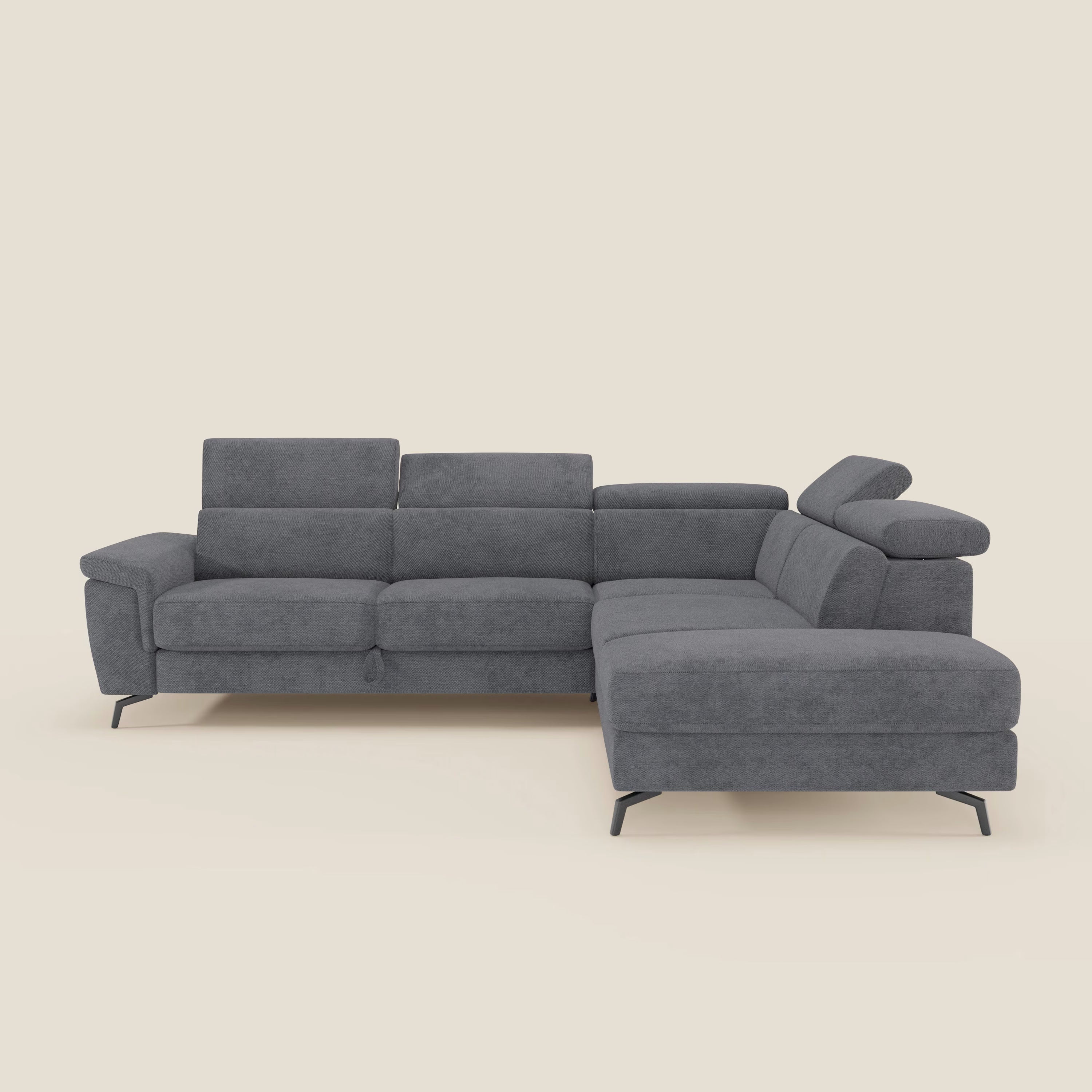 Estro Ecksofa mit Ausziehfunktion – verstellbare Kopfstützen aus wasserfestem Stoff T14 grau