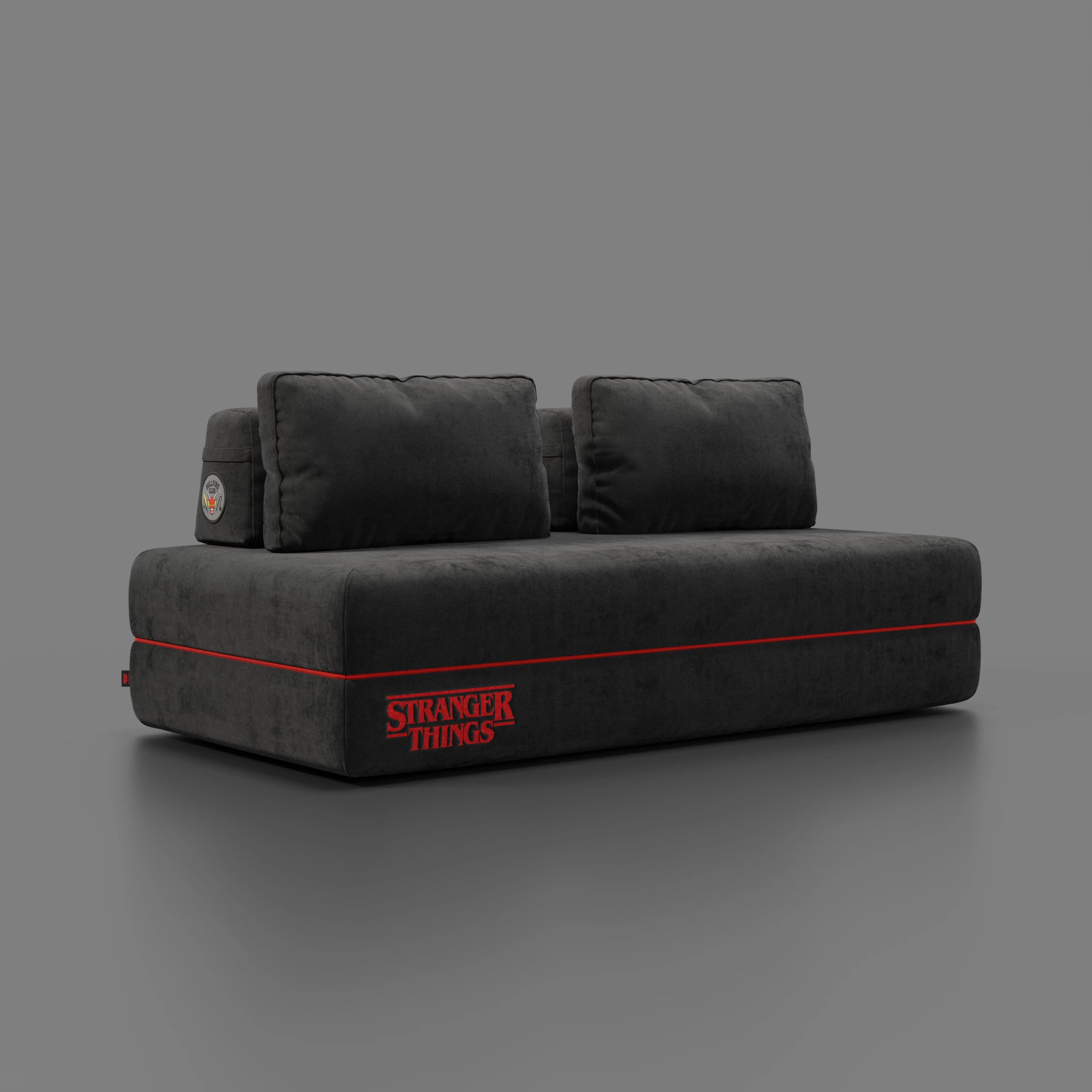 Rift Schlafsofa STRANGER THINGS Edition 2-Sitzer und 3-Sitzer mit beweglichen Rückenlehnen – 22 cm hohe Matratze und Memory- Foam aus abwaschbarem Stoff Anthrazit