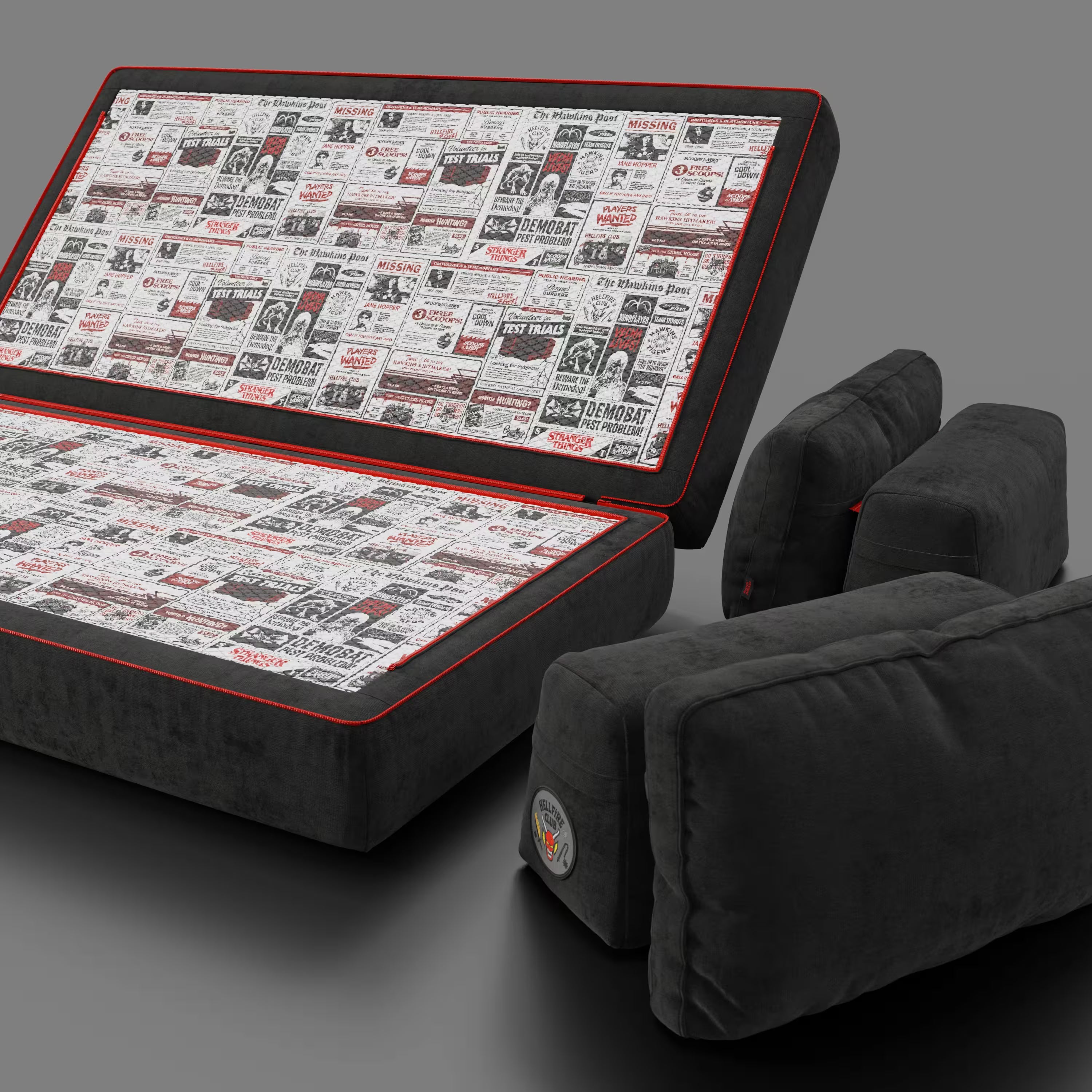 Rift Schlafsofa STRANGER THINGS Edition 2-Sitzer und 3-Sitzer mit beweglichen Rückenlehnen – 22 cm hohe Matratze und Memory- Foam aus abwaschbarem Stoff Anthrazit