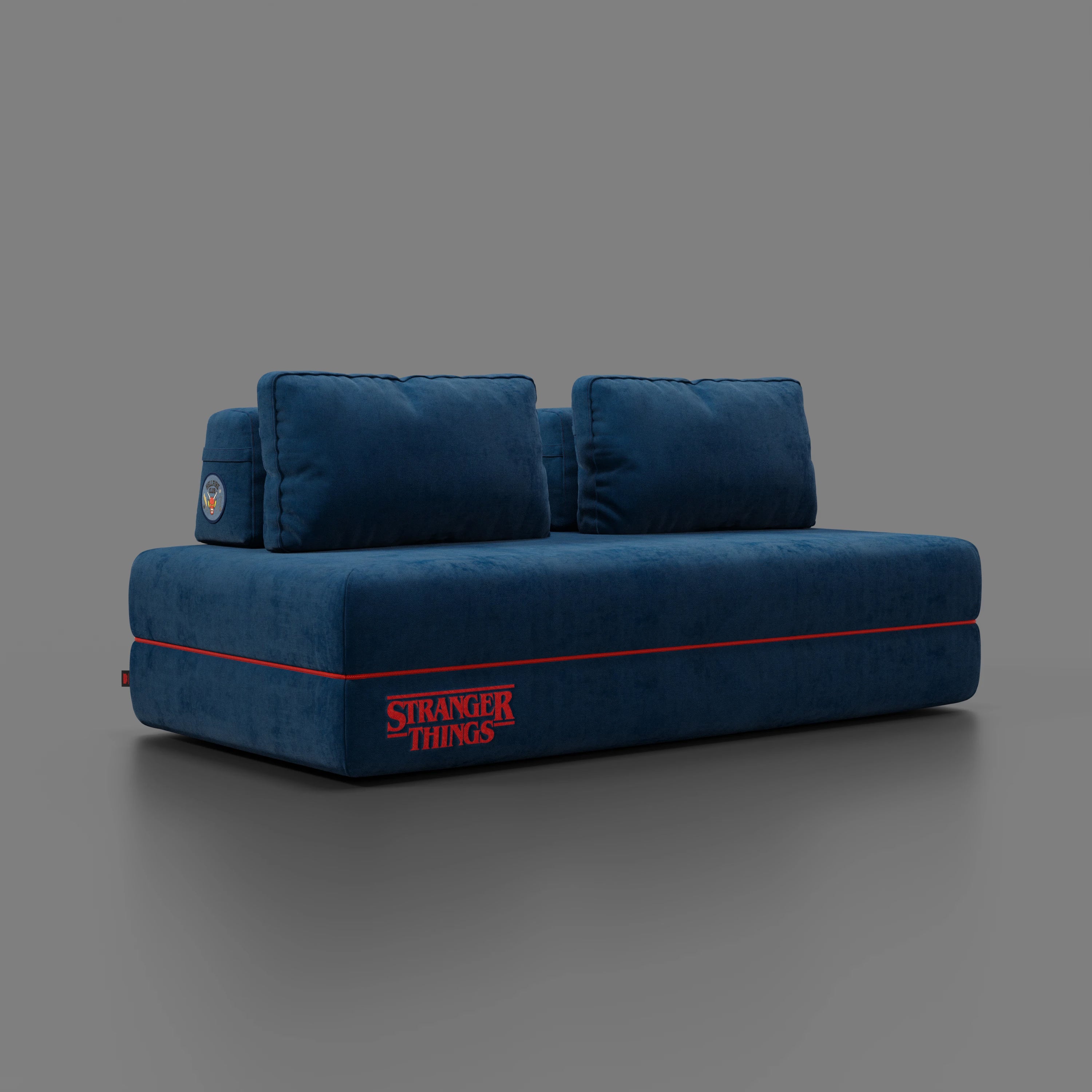 Rift Schlafsofa STRANGER THINGS Edition 2-Sitzer und 3-Sitzer mit beweglichen Rückenlehnen – 22 cm hohe Matratze und Memory- Foam aus abwaschbarem Stoff blau