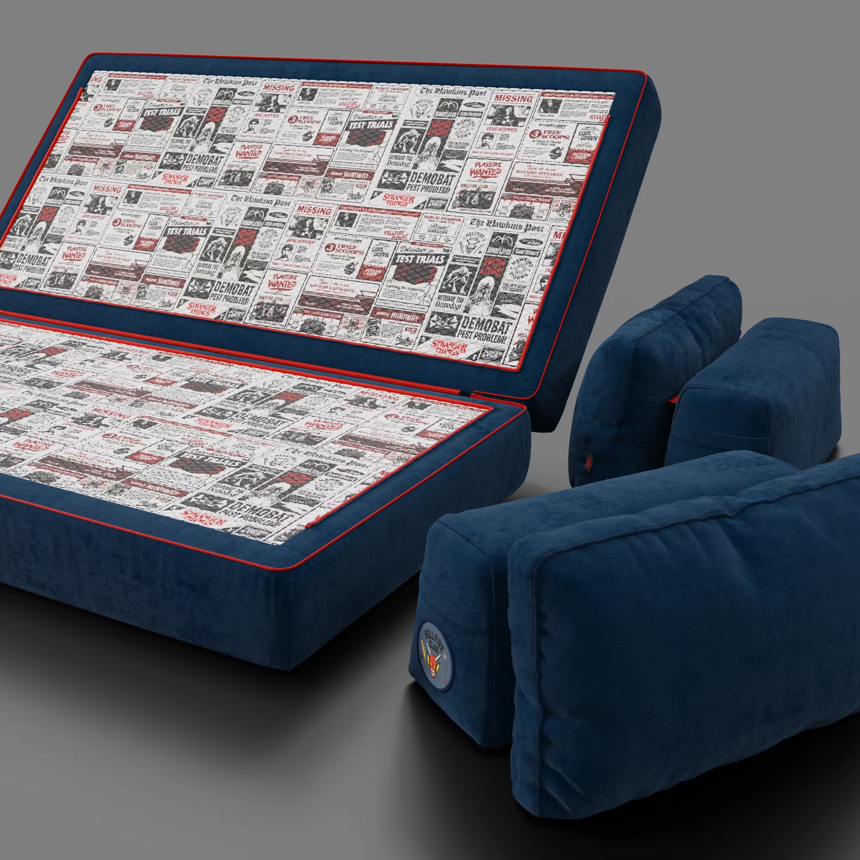 Rift Schlafsofa STRANGER THINGS Edition 2-Sitzer und 3-Sitzer mit beweglichen Rückenlehnen – 22 cm hohe Matratze und Memory- Foam aus abwaschbarem Stoff blau