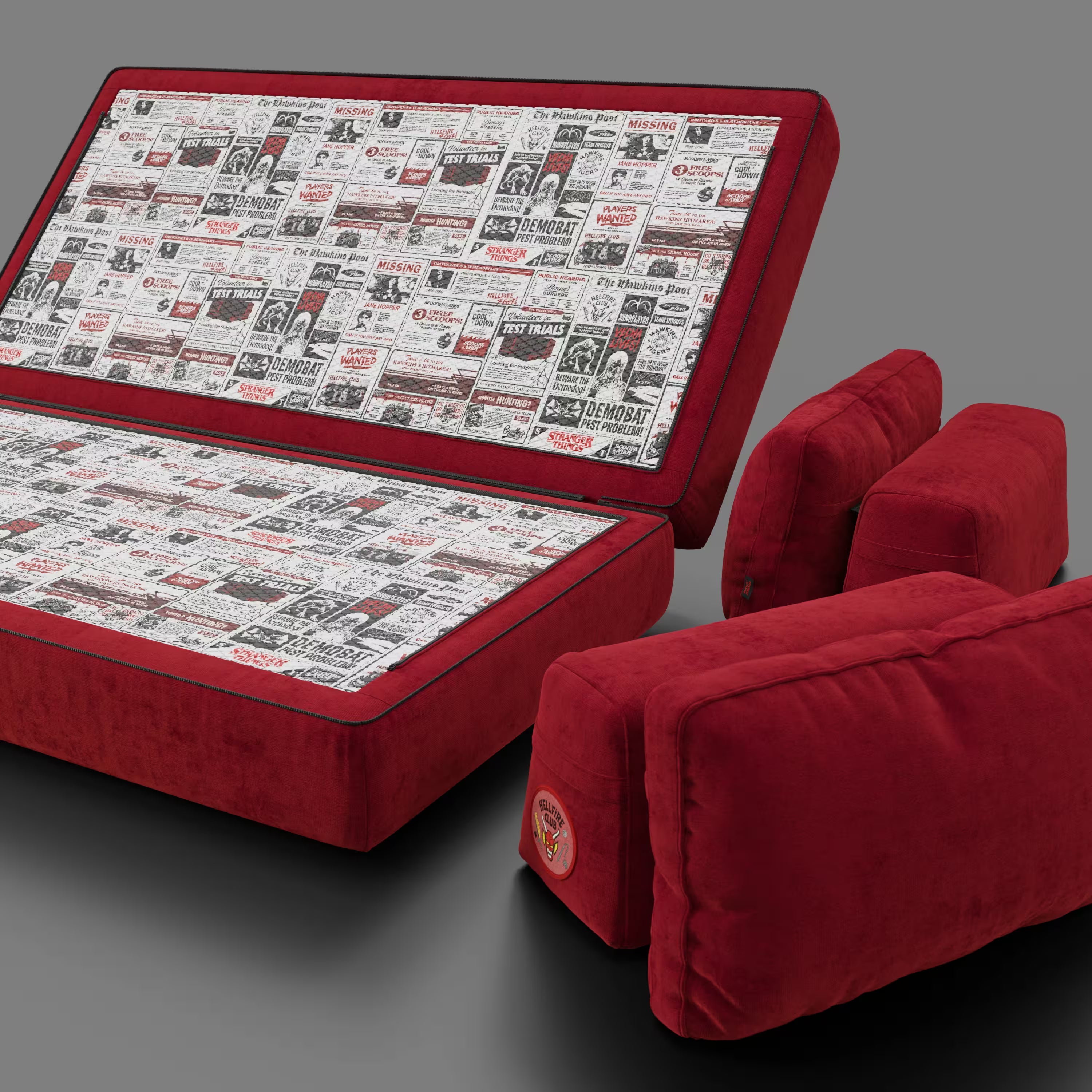 Rift Schlafsofa STRANGER THINGS Edition 2-Sitzer und 3-Sitzer mit beweglichen Rückenlehnen – 22 cm hohe Matratze und Memory- Foam aus abwaschbarem Stoff rot