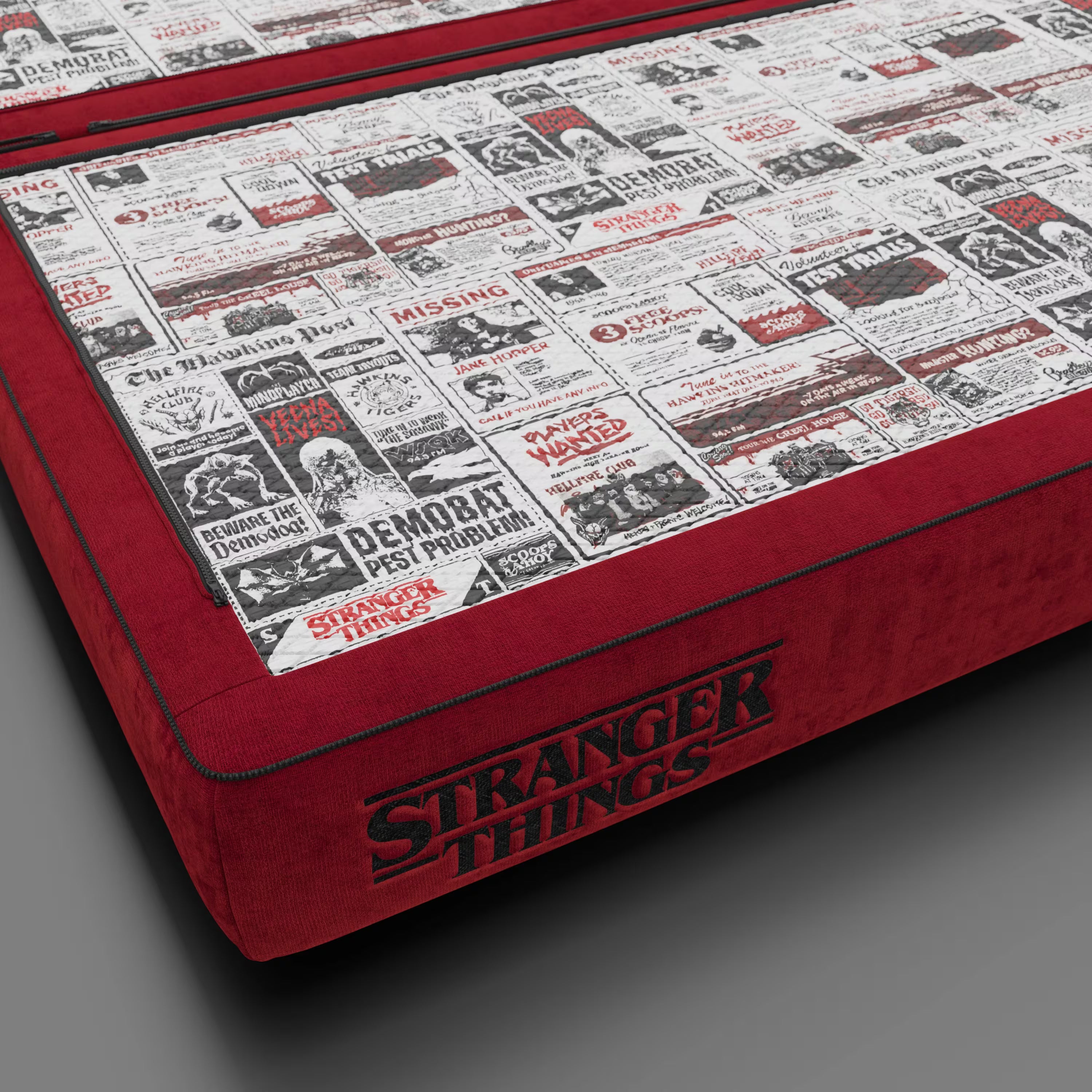 Rift Schlafsofa STRANGER THINGS Edition 2-Sitzer und 3-Sitzer mit beweglichen Rückenlehnen – 22 cm hohe Matratze und Memory- Foam aus abwaschbarem Stoff rot