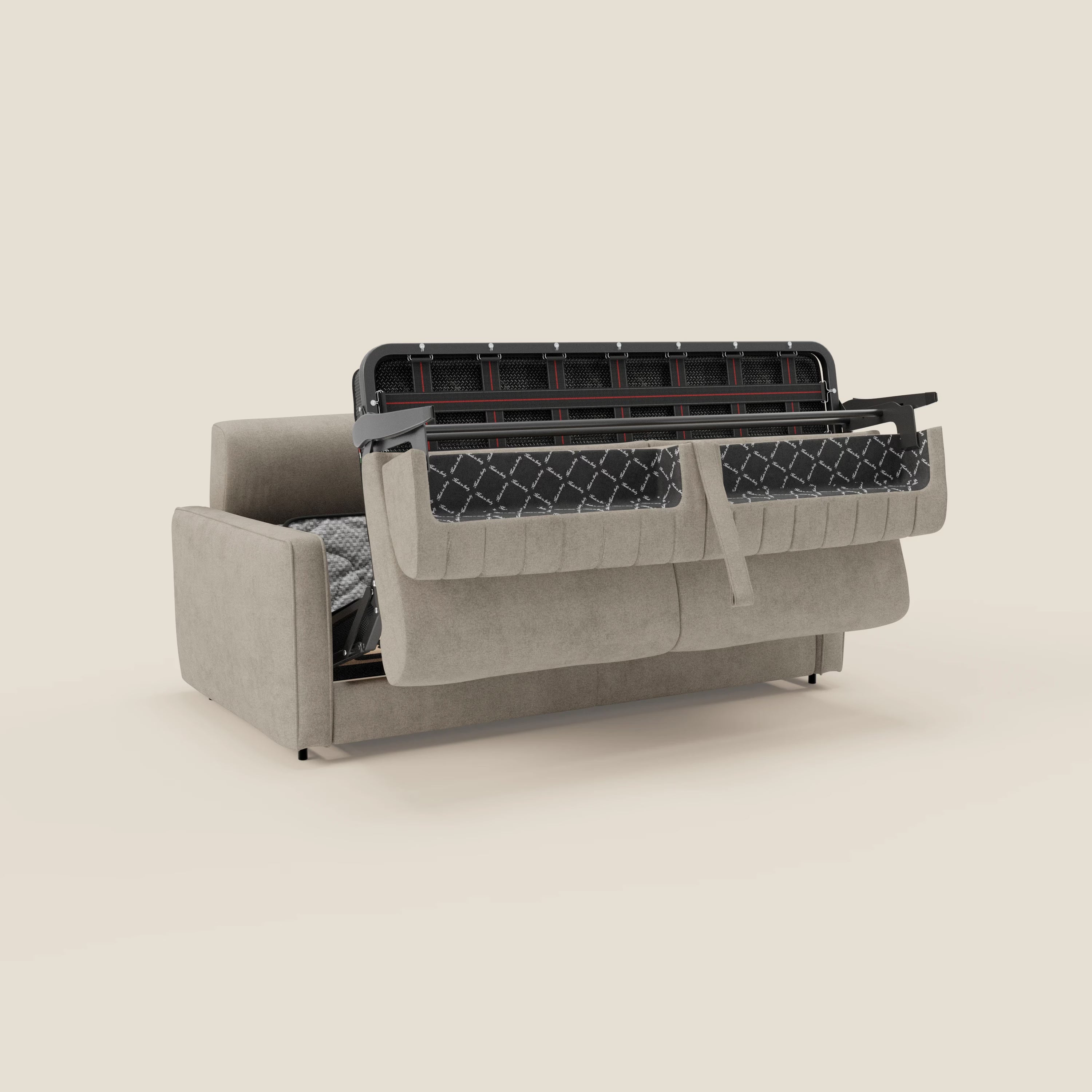 Il Nivon Divano letto moderno materasso H16 cm di Divani.Store in tessuto impermeabile T25 beige è mostrato con la seduta sollevata per rivelare lo spazio contenitore foderato, con trapuntatura e cinghia, su sfondo neutro.