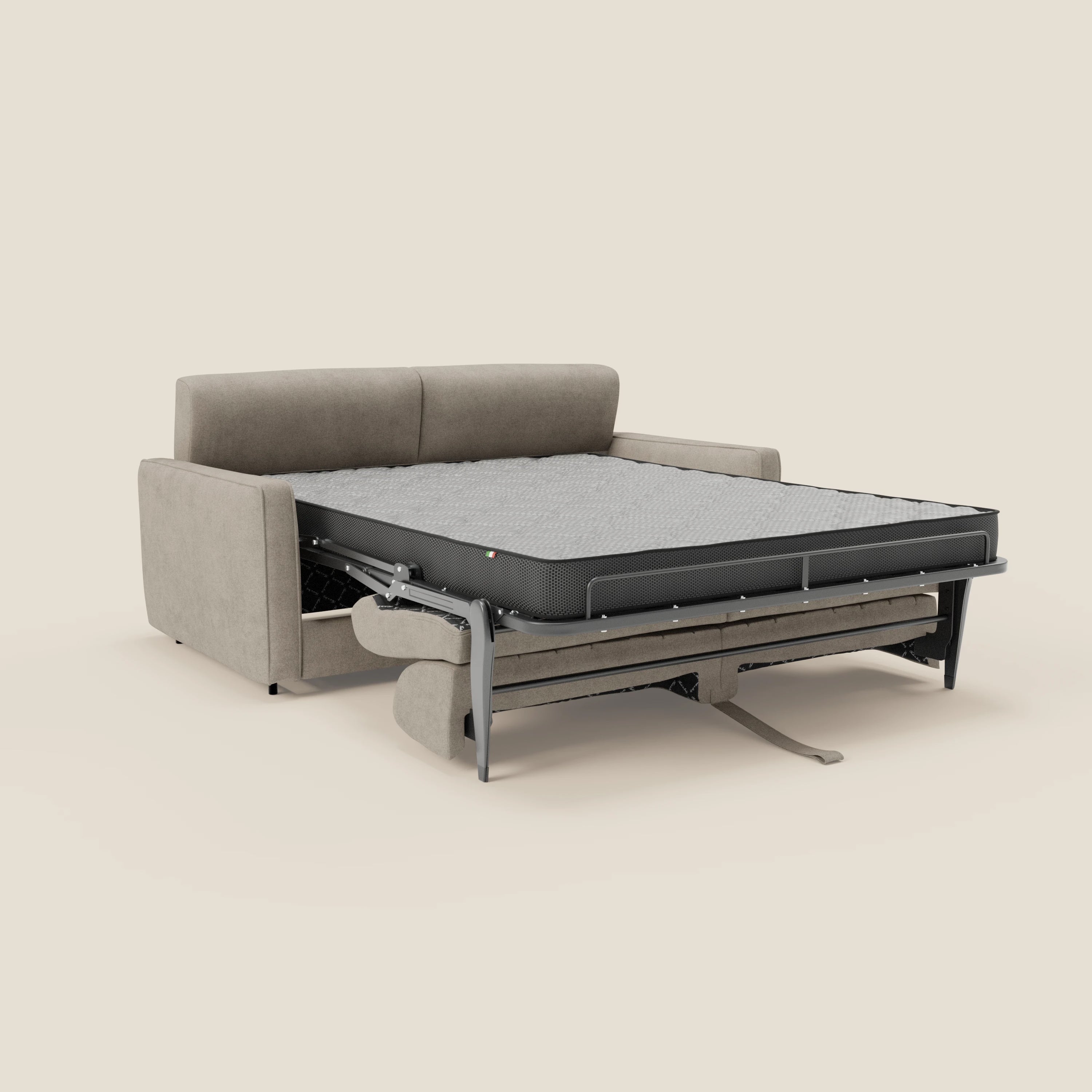 Il Nivon Divano letto moderno di Divani.Store in tessuto impermeabile beige T25 è caratterizzato da un materasso estraibile H16 cm, struttura in metallo a vista, linee pulite, braccioli compatti, poggiatesta regolabile e privilegia il comfort su uno sfondo semplice.