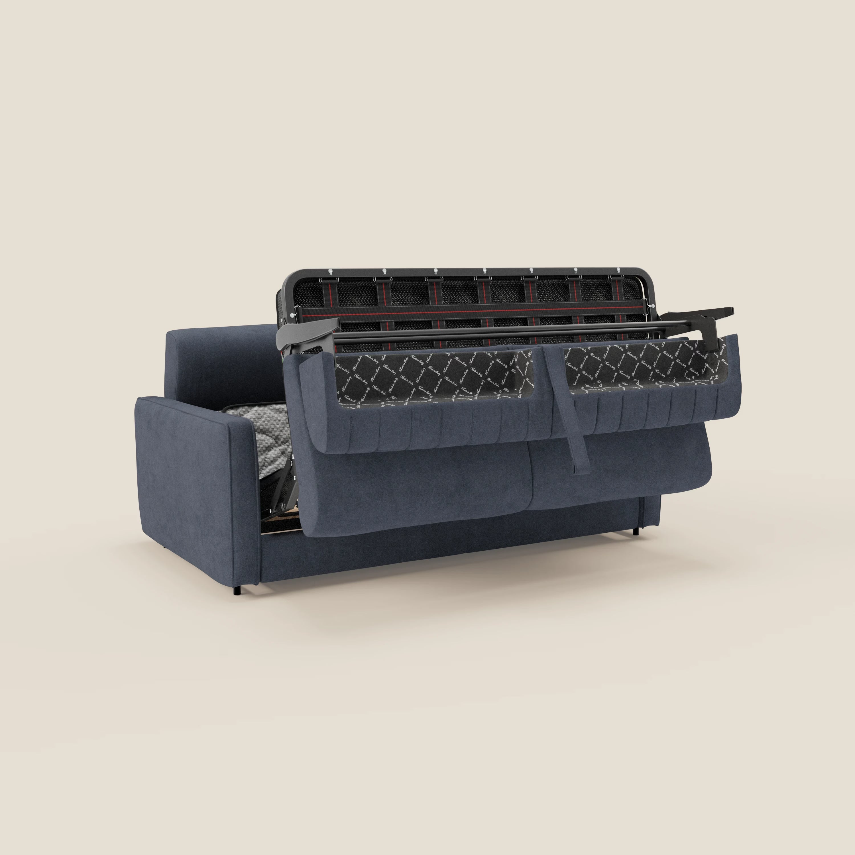 The Divani.Store Nivon divano letto moderno in tessuto impermeabile T25 blu denim, con poggiatesta e materasso H16 cm, è mostrato con struttura a rete metallica parzialmente aperta su sfondo beige, evidenziando comfort e funzione convertibile.