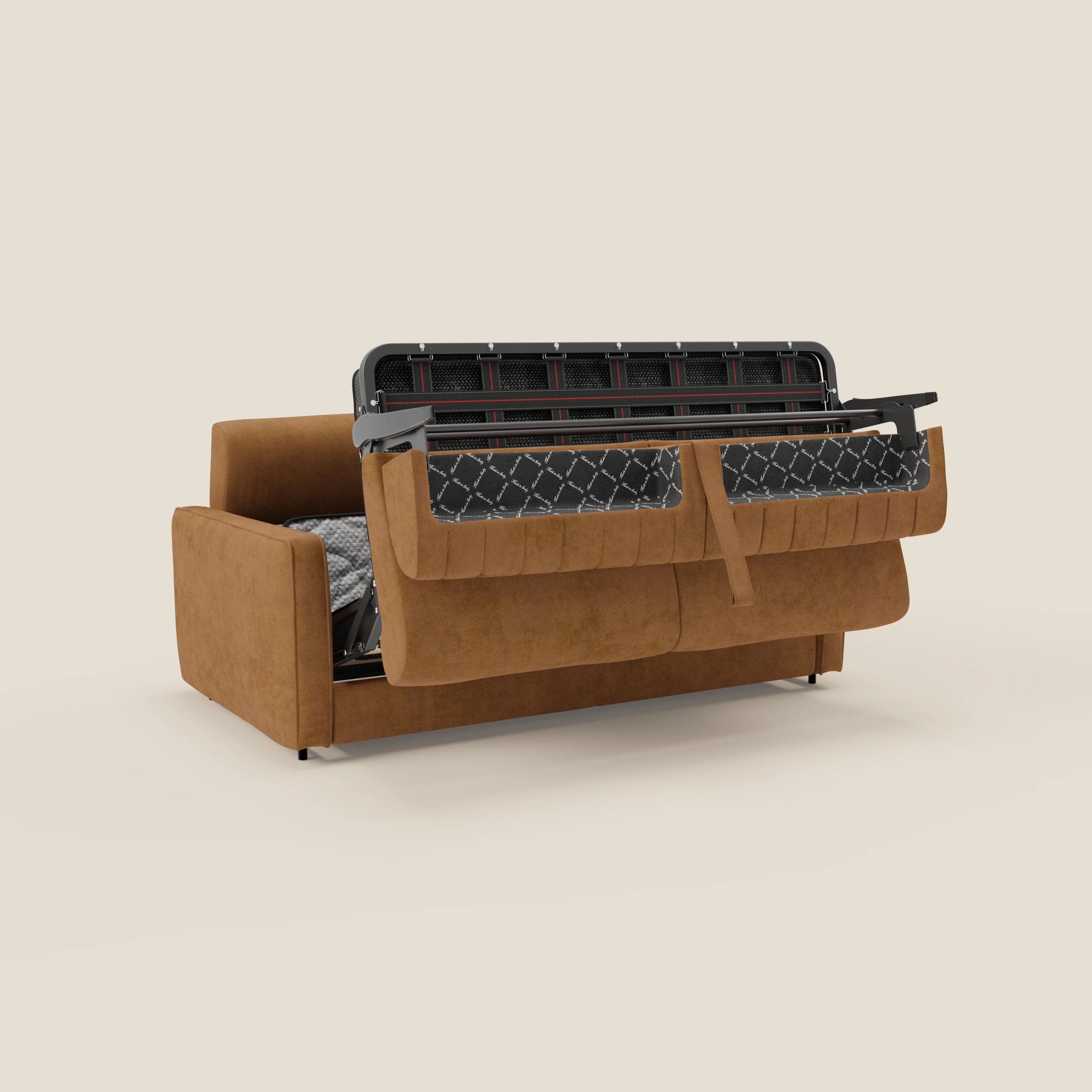 Il Nivon Divano letto moderno di Divani.Store, in tessuto giallo senape impermeabile T25 con poggiatesta e materasso da 16 cm, viene mostrato parzialmente aperto per rivelare il contenitore sotto il letto con una coperta ripiegata. La scena è ben illuminata su uno sfondo beige.