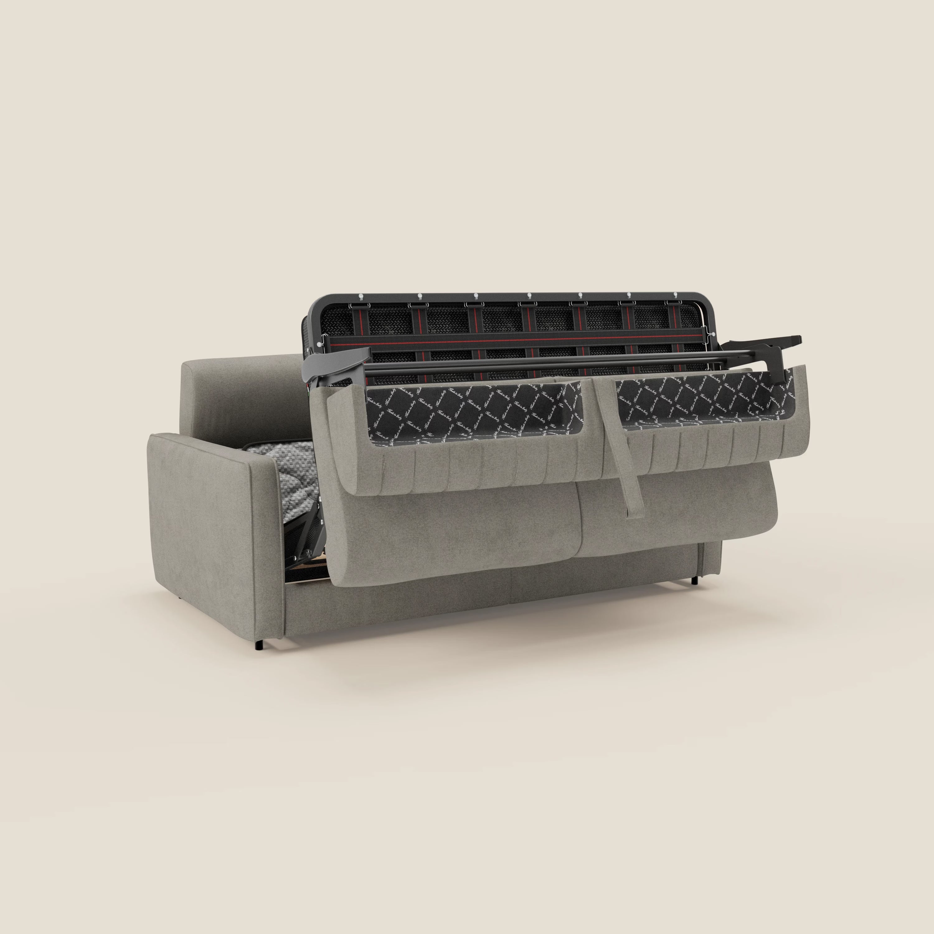 Il Nivon Divano letto moderno di Divani.Store in tessuto impermeabile T25 tortora è mostrato parzialmente dispiegato, con la struttura in metallo e il materasso da 16 cm di altezza, mentre passa da divano a letto su uno sfondo beige.