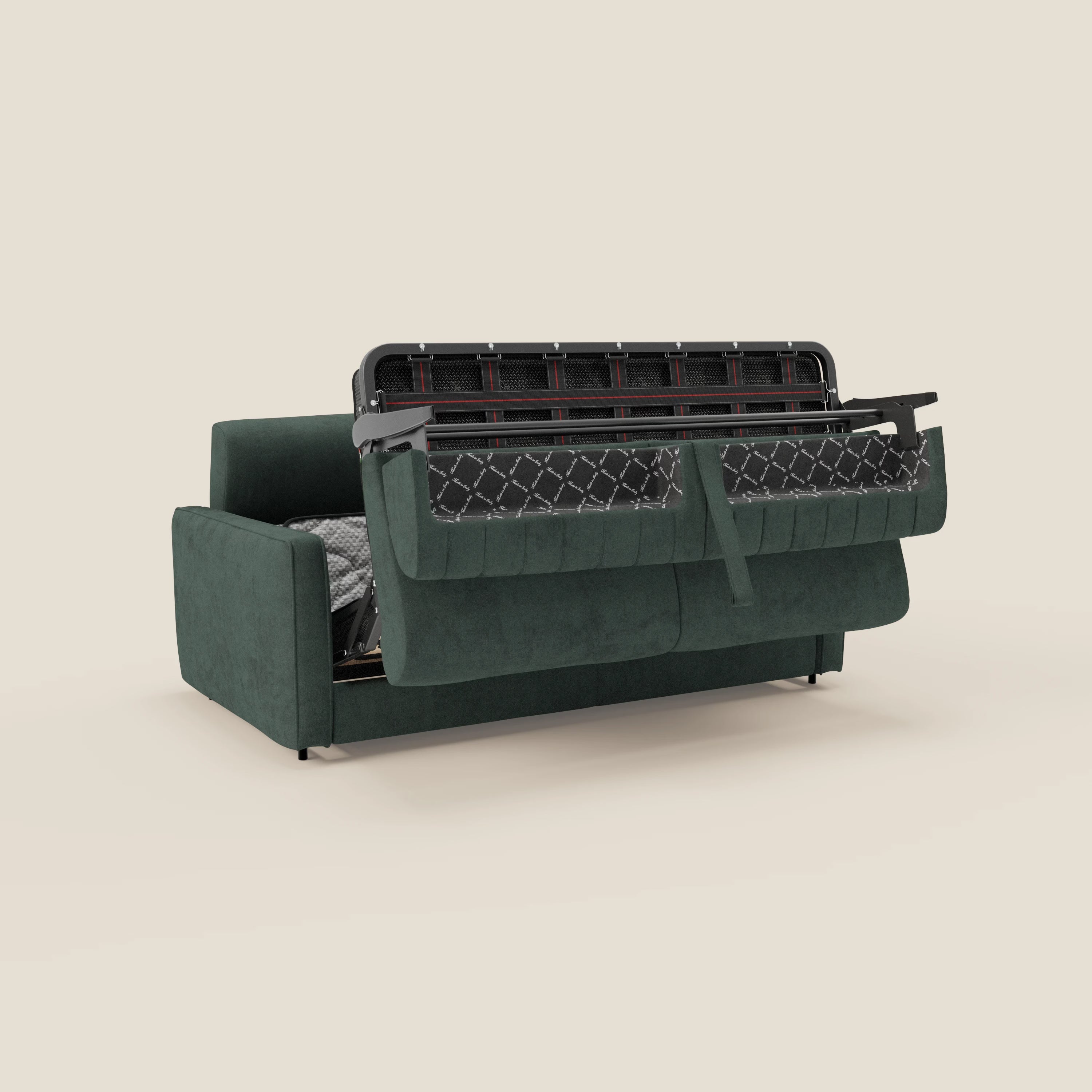 Il Nivon Divano letto moderno di Divani.Store, rivestito in tessuto impermeabile T25 verde con finitura trapuntata, è mostrato con la seduta sollevata per rivelare un materasso estraibile H16 cm e un poggiatesta, che unisce comfort e design elegante.