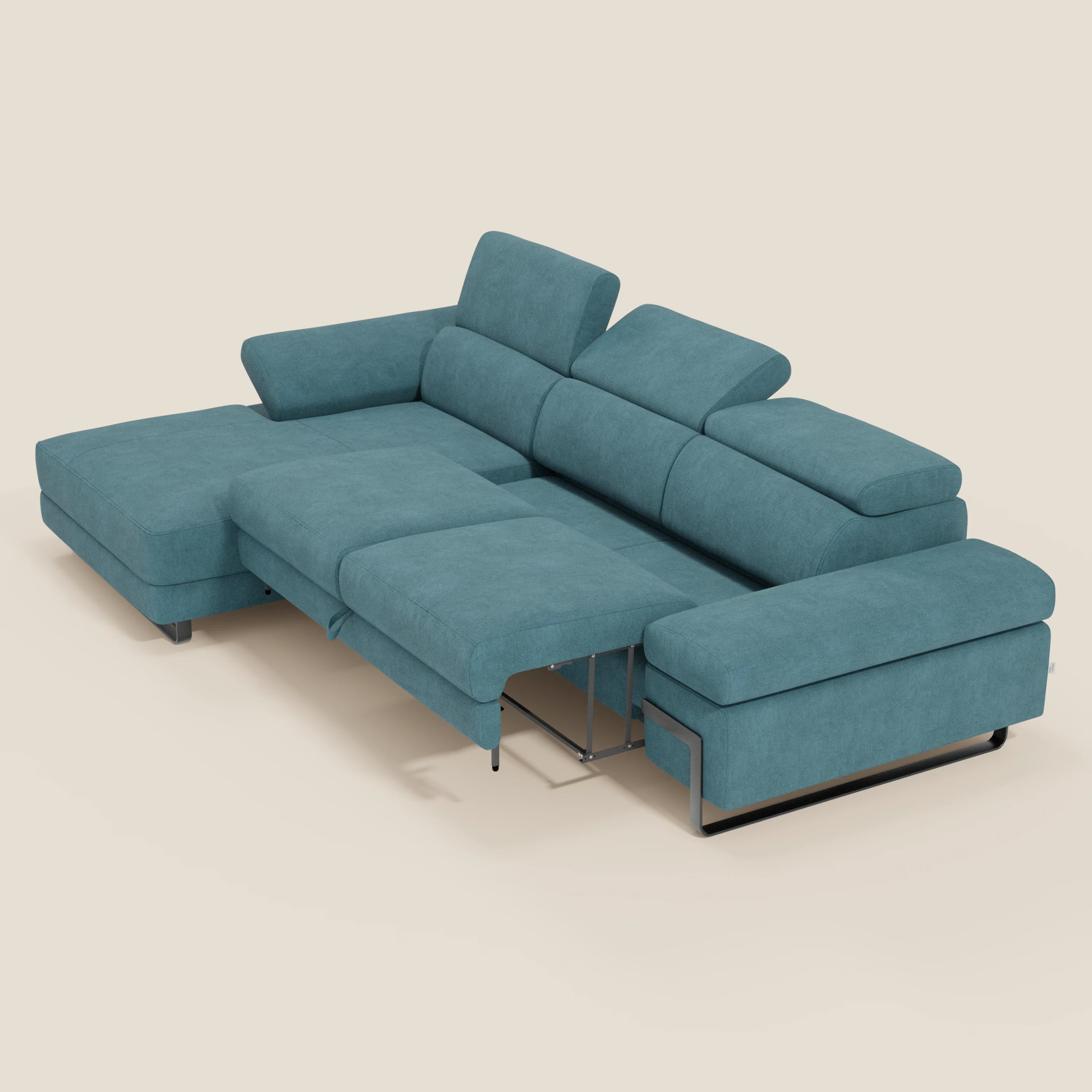 Zayana Ecksofa mit Ausziehfunktion – verstellbare Armlehnen und Kopfstützen aus wasserfestem Stoff T02 hellblau