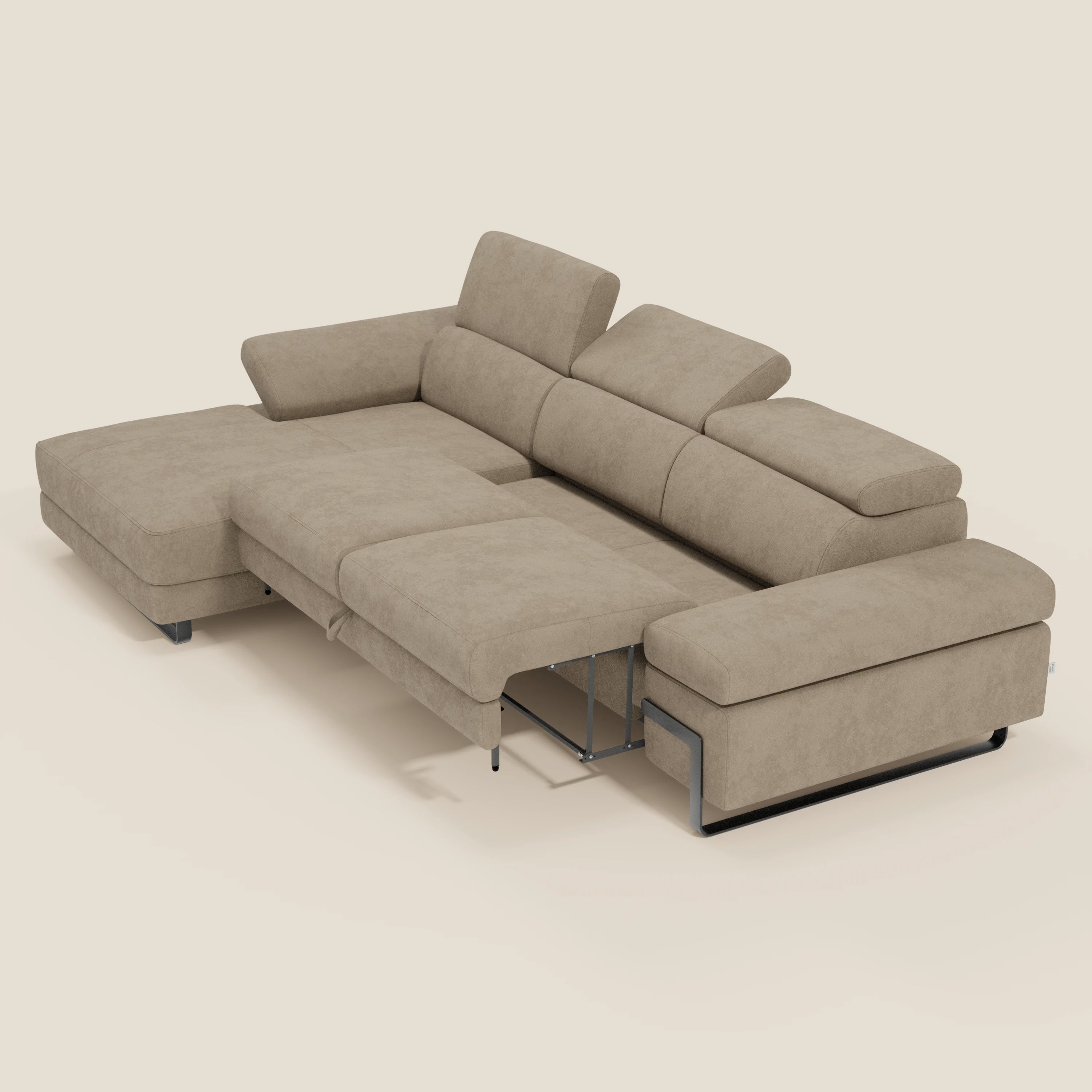 Zayana Ecksofa mit Ausziehfunktion – verstellbare Armlehnen und Kopfstützen aus wasserfestem Stoff T02 beige