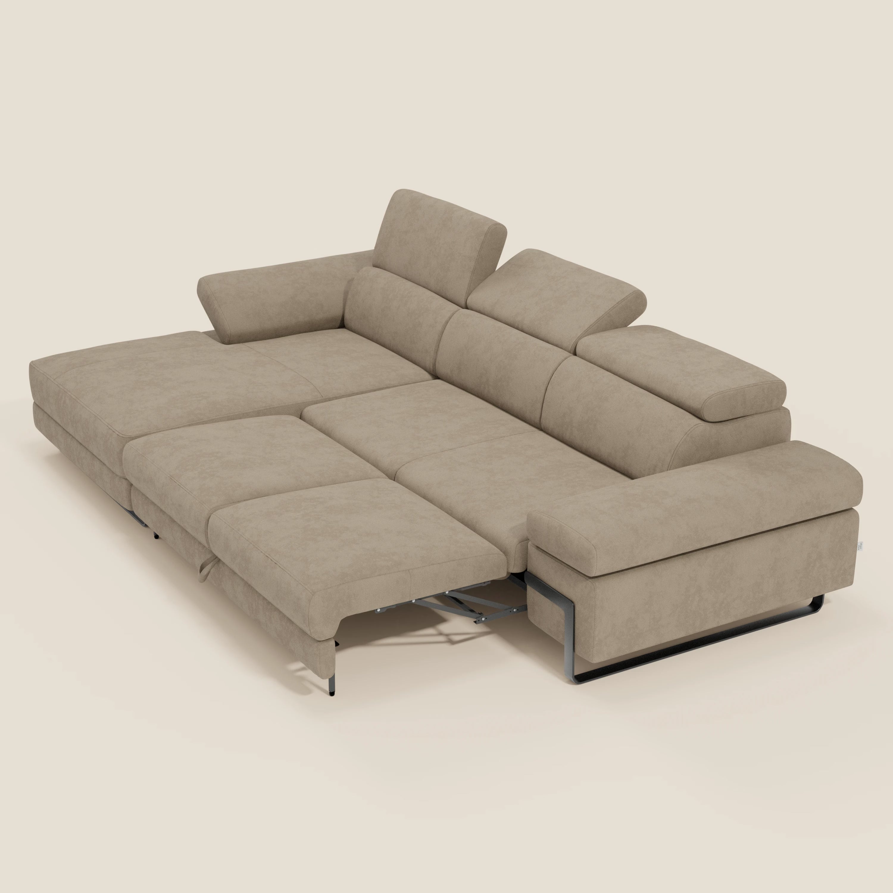 Zayana Ecksofa mit Ausziehfunktion – verstellbare Armlehnen und Kopfstützen aus wasserfestem Stoff T02 beige