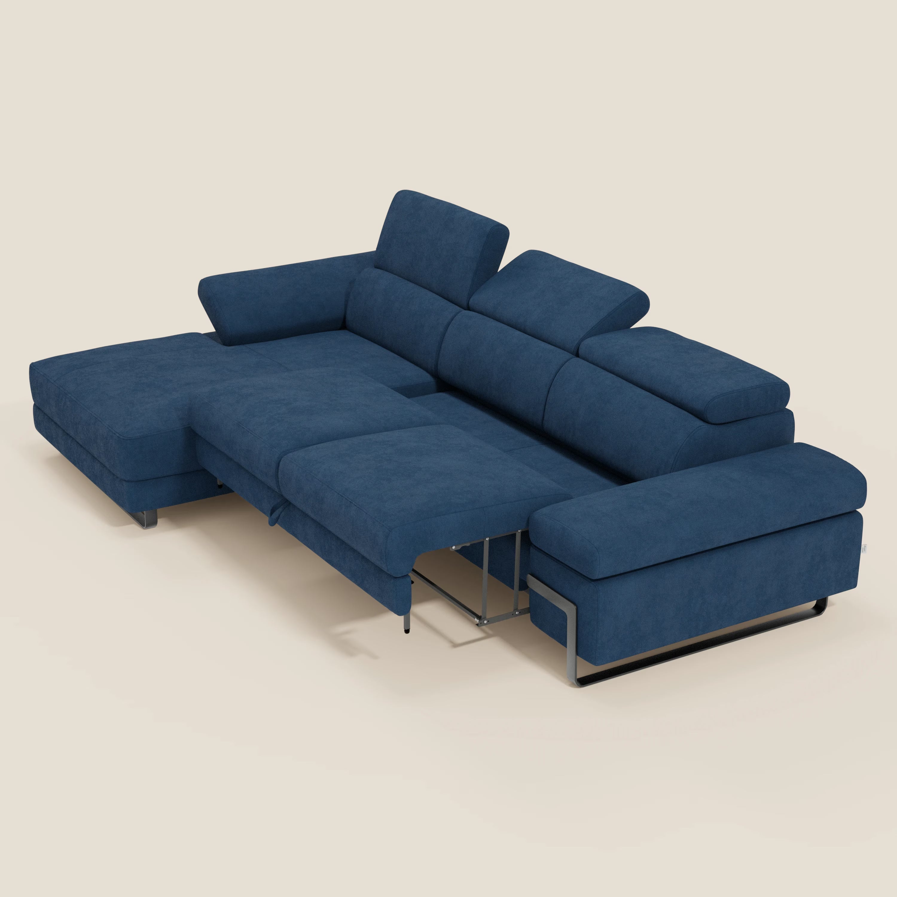 Zayana Ecksofa mit Ausziehfunktion – verstellbare Armlehnen und Kopfstützen aus wasserfestem Stoff T02 blau