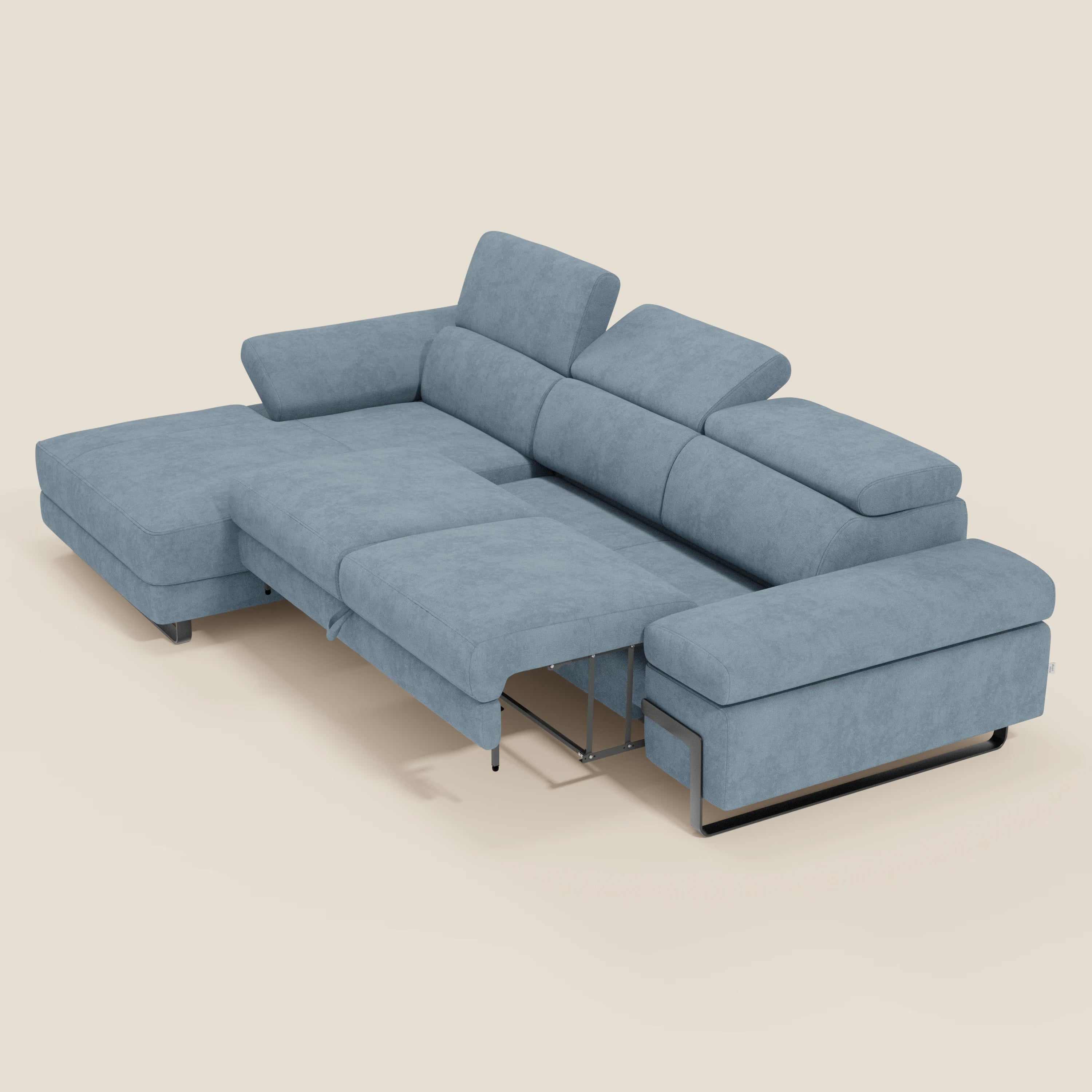 Zayana Ecksofa mit Ausziehfunktion – verstellbare Armlehnen und Kopfstützen aus wasserfestem Stoff T02 baby blau