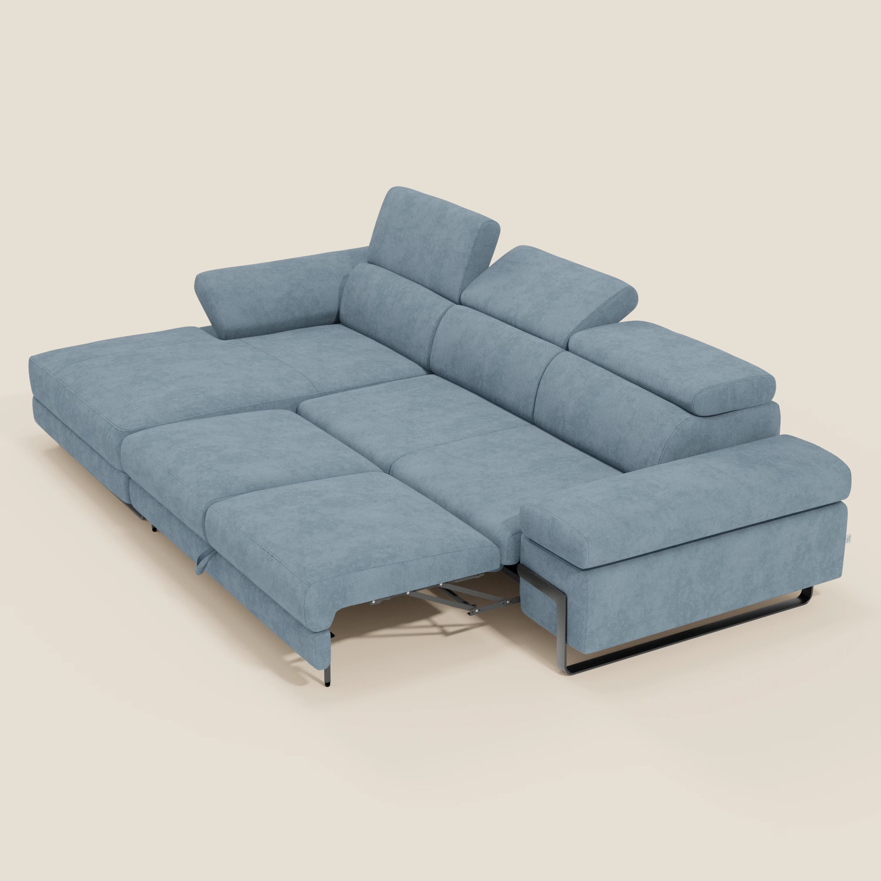 Zayana Ecksofa mit Ausziehfunktion – verstellbare Armlehnen und Kopfstützen aus wasserfestem Stoff T02 baby blau