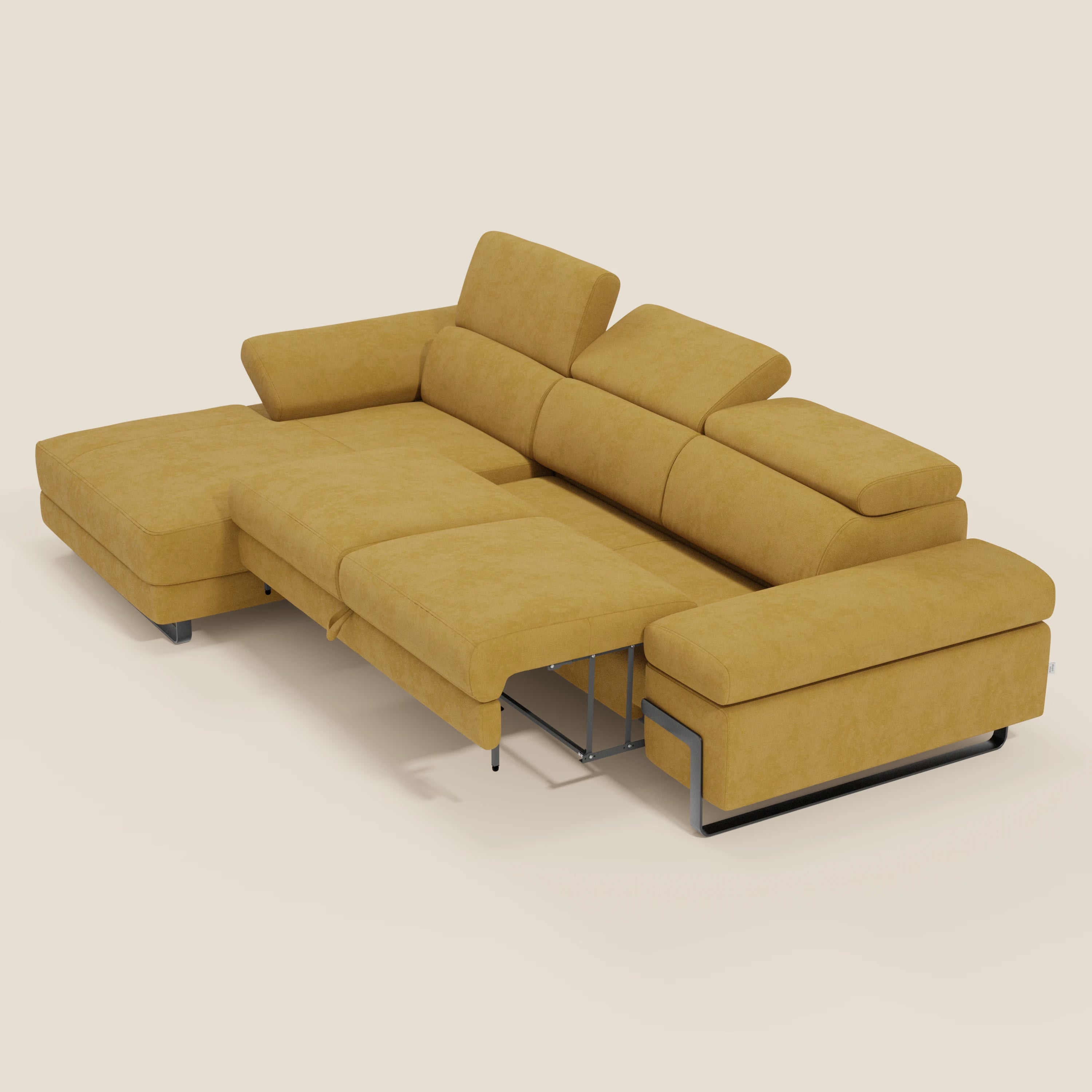 Zayana Ecksofa mit Ausziehfunktion – verstellbare Armlehnen und Kopfstützen aus wasserfestem Stoff T02 gelb