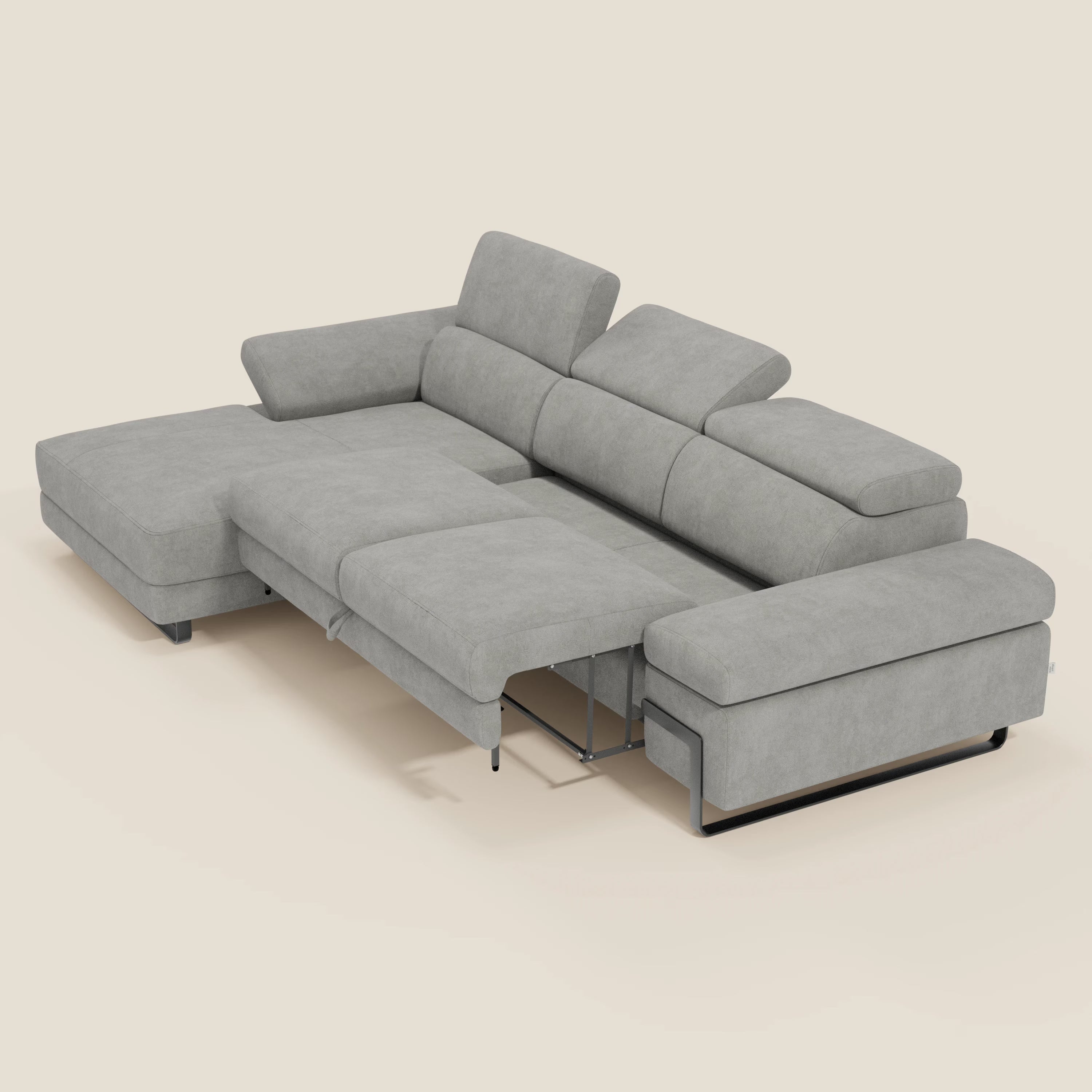 Zayana Ecksofa mit Ausziehfunktion – verstellbare Armlehnen und Kopfstützen aus wasserfestem Stoff T02 hellgrau