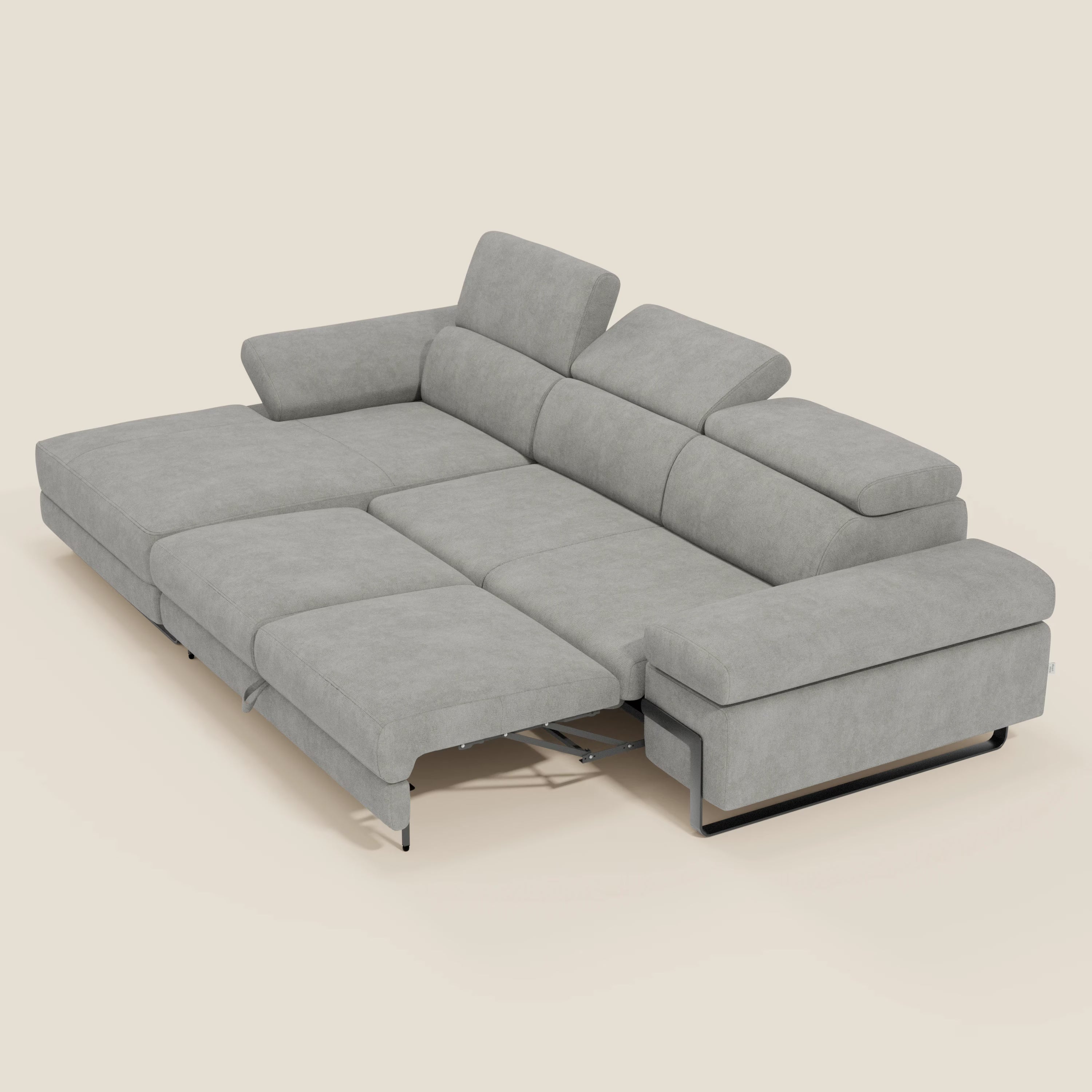 Zayana Ecksofa mit Ausziehfunktion – verstellbare Armlehnen und Kopfstützen aus wasserfestem Stoff T02 hellgrau