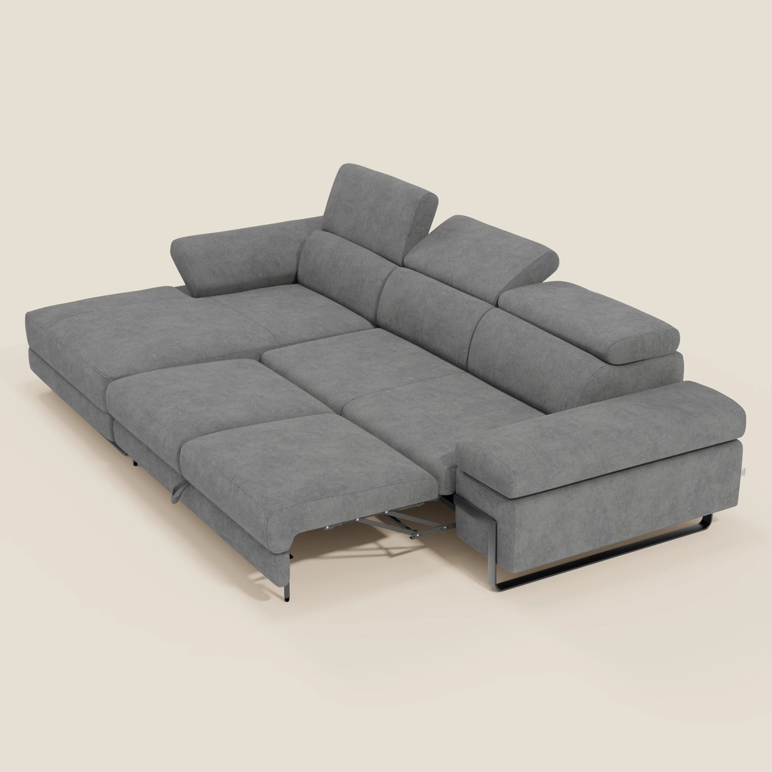 Zayana Ecksofa mit Ausziehfunktion – verstellbare Armlehnen und Kopfstützen aus wasserfestem Stoff T02 grau