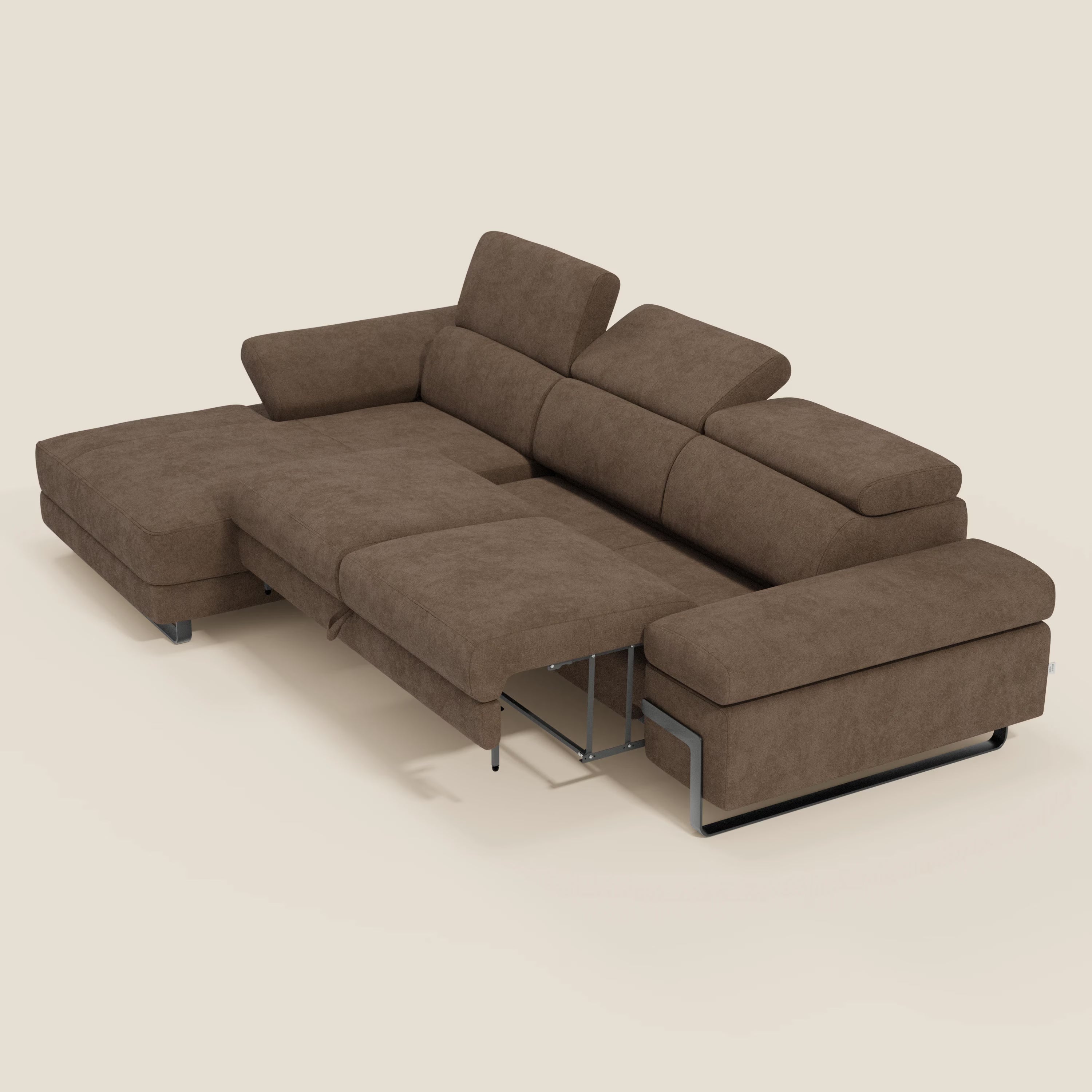 Zayana Ecksofa mit Ausziehfunktion – verstellbare Armlehnen und Kopfstützen aus wasserfestem Stoff T02 braun