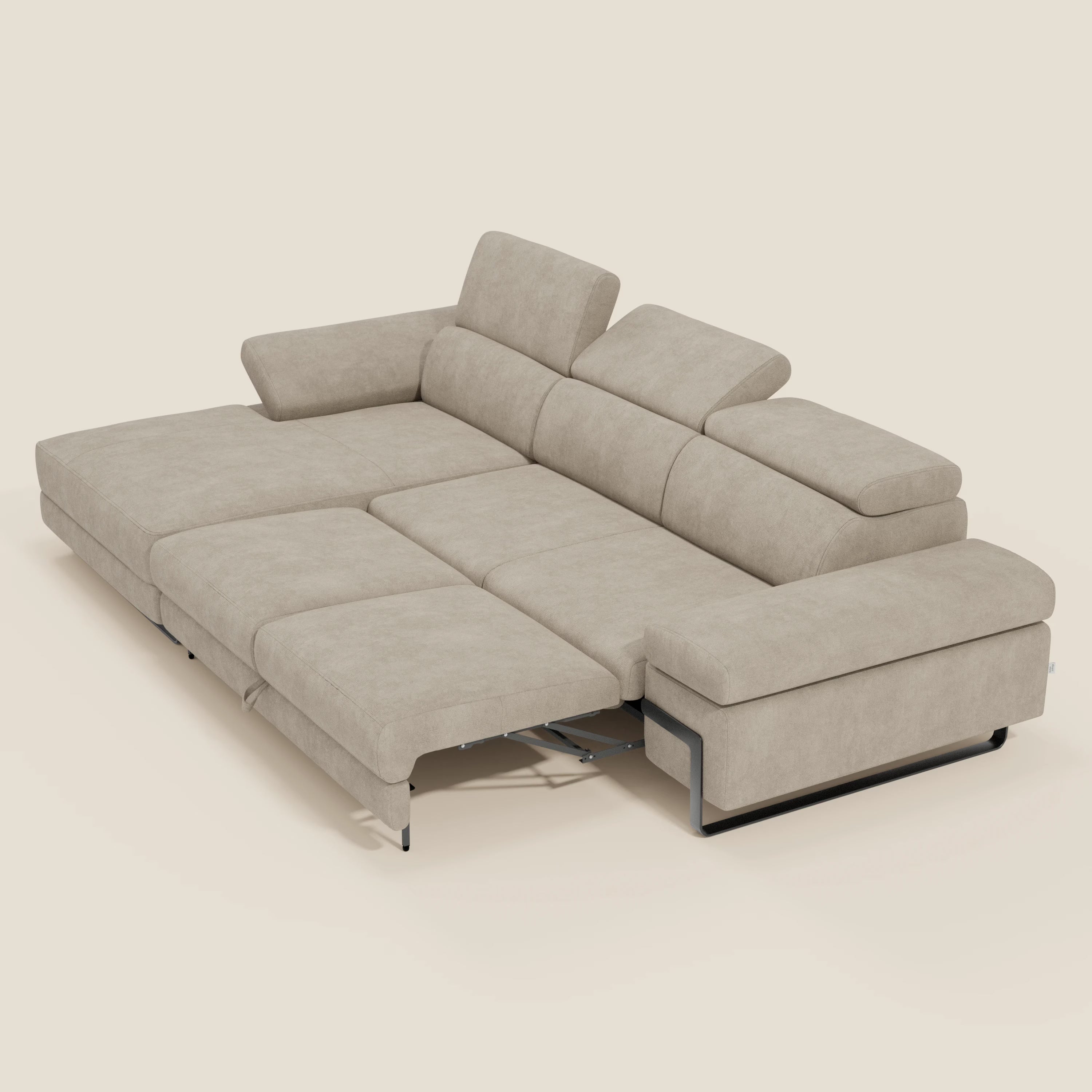 Zayana Ecksofa mit Ausziehfunktion – verstellbare Armlehnen und Kopfstützen aus wasserfestem Stoff T02 creme