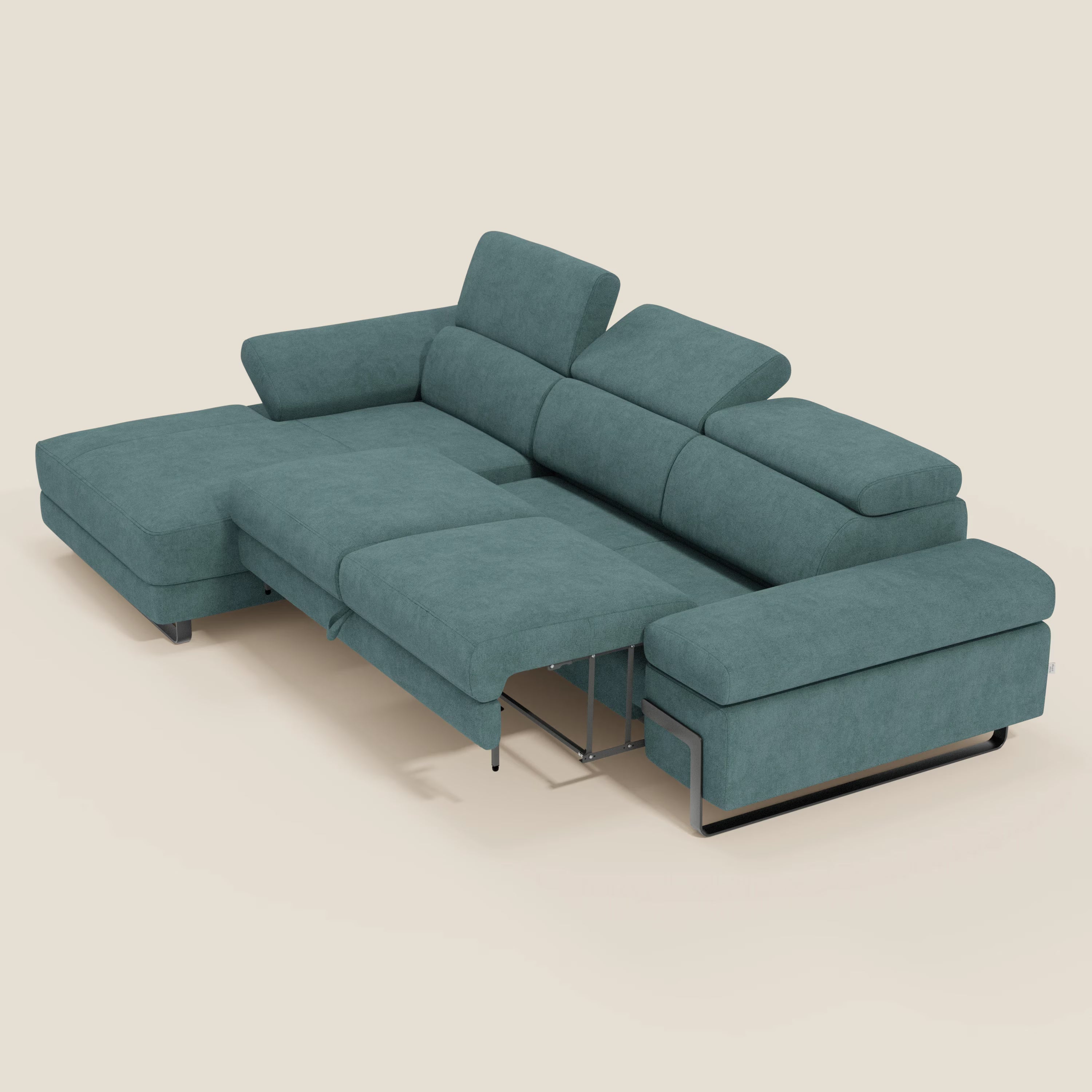 Zayana Ecksofa mit Ausziehfunktion – verstellbare Armlehnen und Kopfstützen aus wasserfestem Stoff T02 petrol